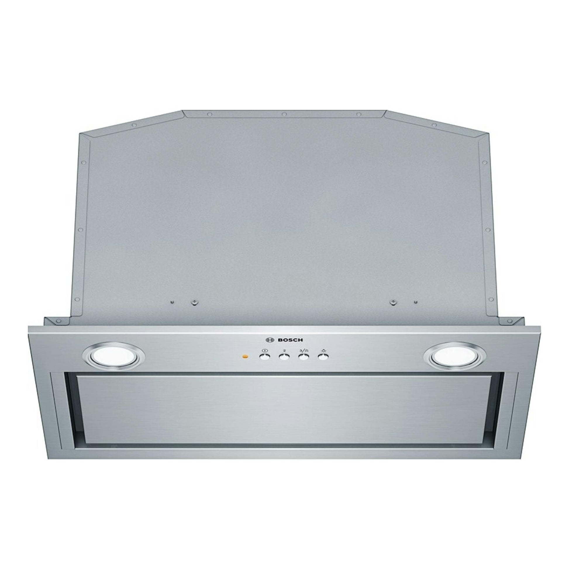 Grupo filtrante Bosch DHL585B en acero inoxidable, vista frontal, con dos luces y panel extraíble.