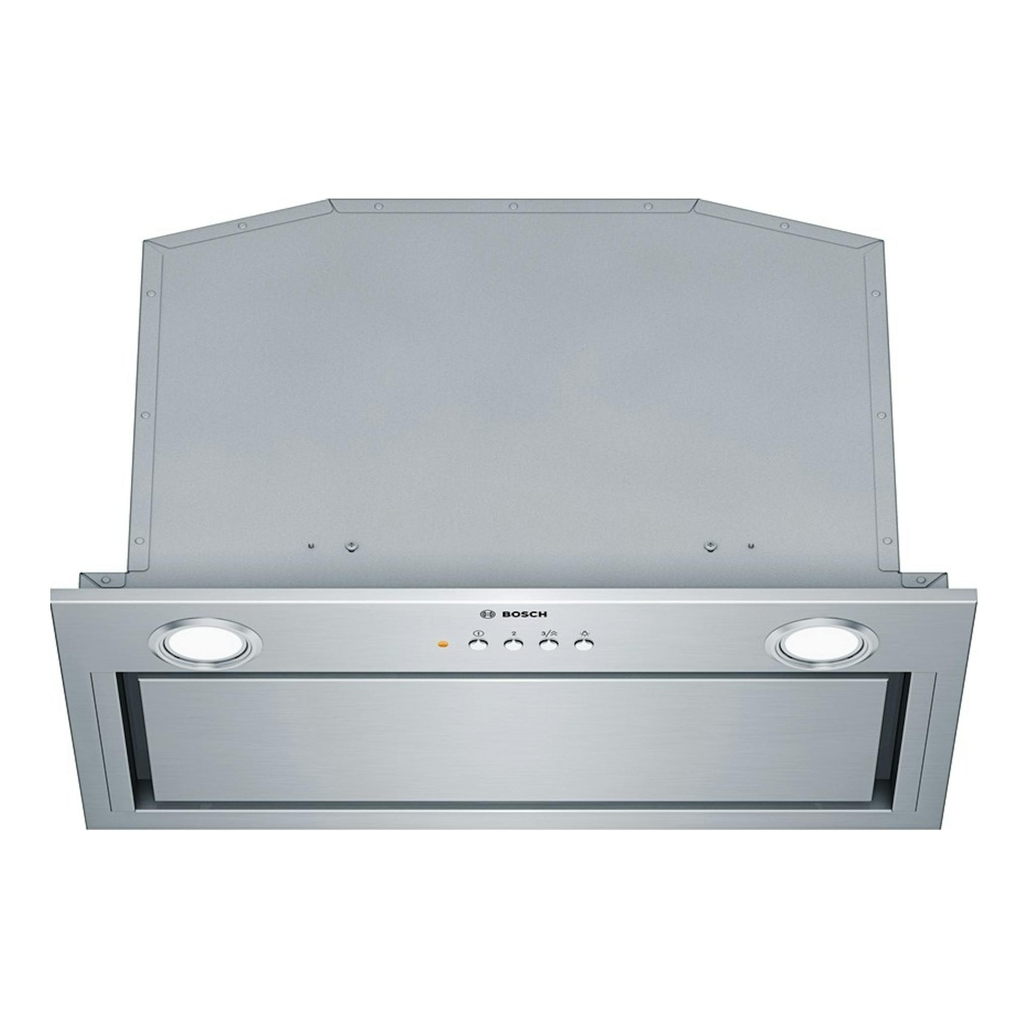Grupo filtrante Bosch DHL585B en acero inoxidable, vista frontal, con dos luces y panel extraíble.