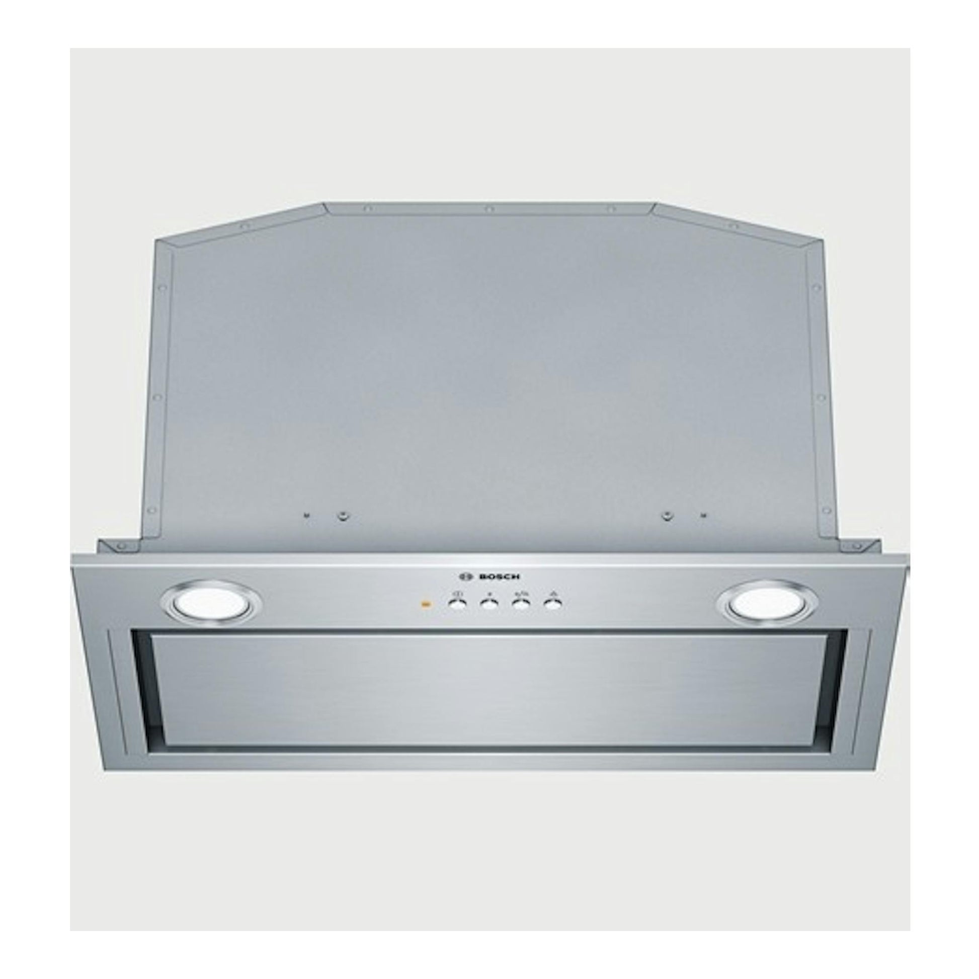 Grupo filtrante Bosch DHL585B de acero inox, vista frontal, con luces y panel de control.