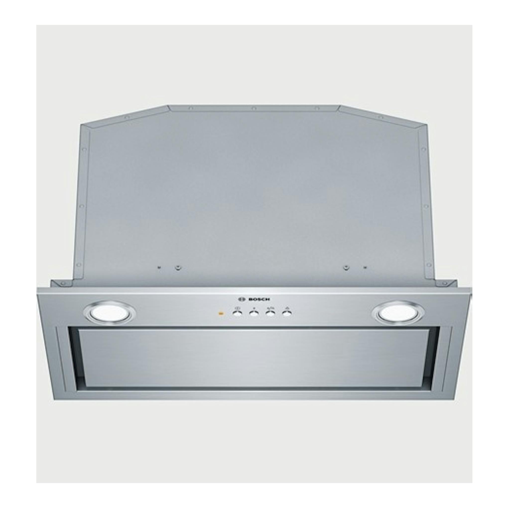Grupo filtrante Bosch DHL585B de acero inox, vista frontal, con luces y panel de control.