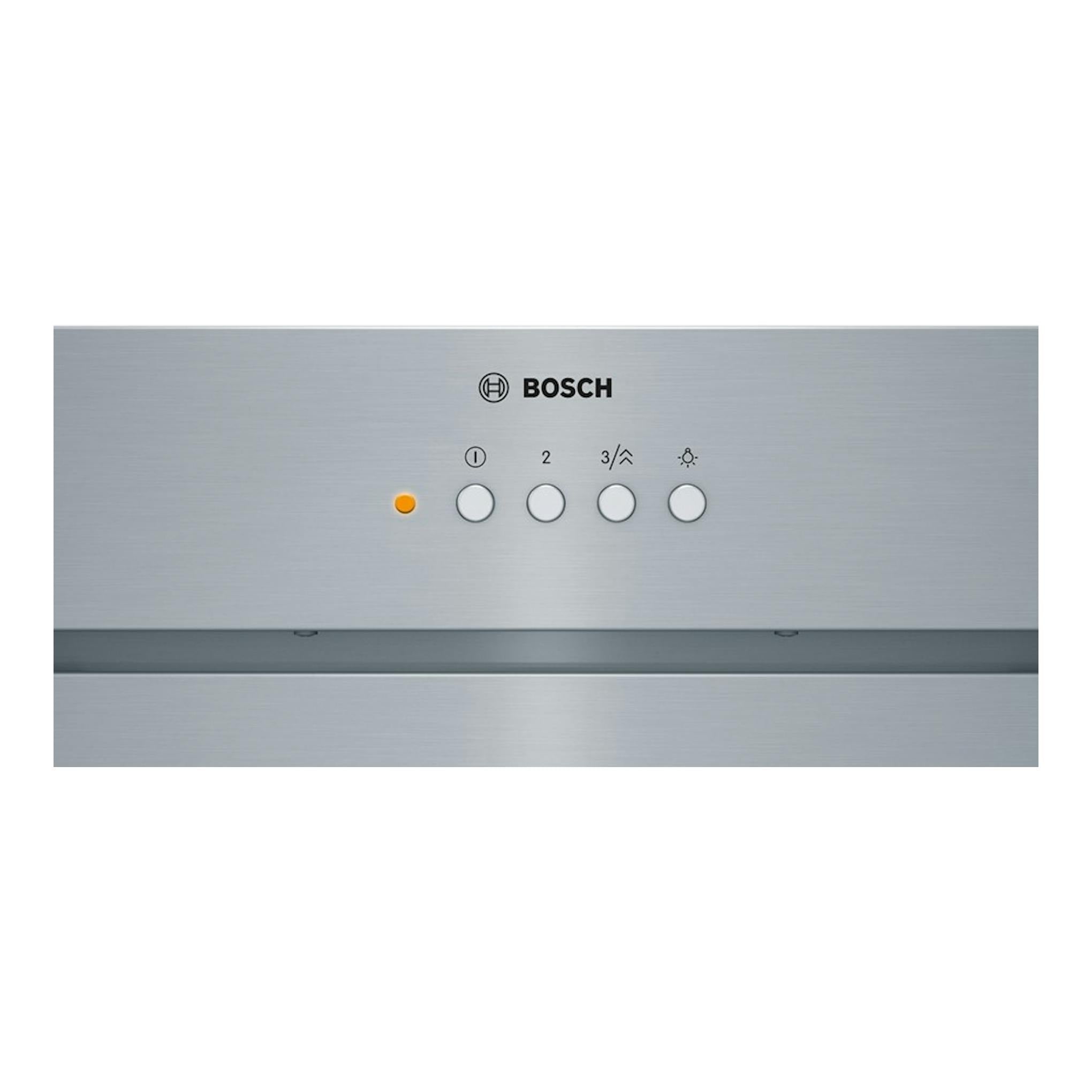 Grupo filtrante Bosch DHL585B en inox, vista frontal de cerca, con panel de botones.