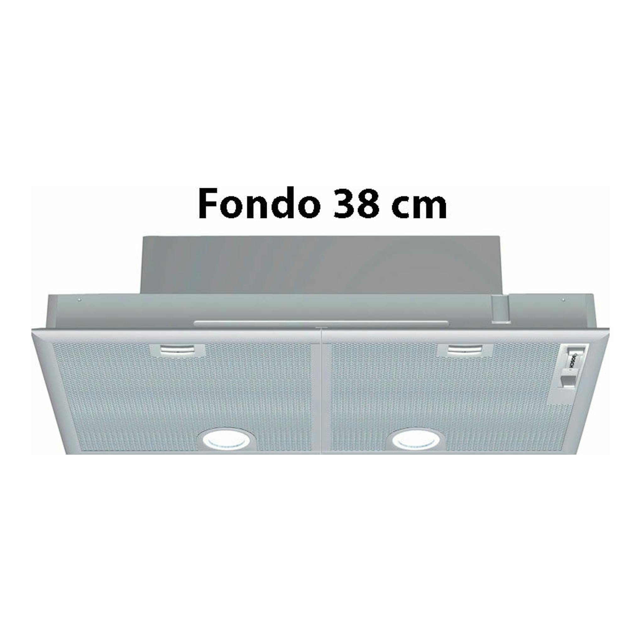Bosch DHL755BL gris, grupo filtrante visto desde abajo, con dos luces y fondo 38 cm.