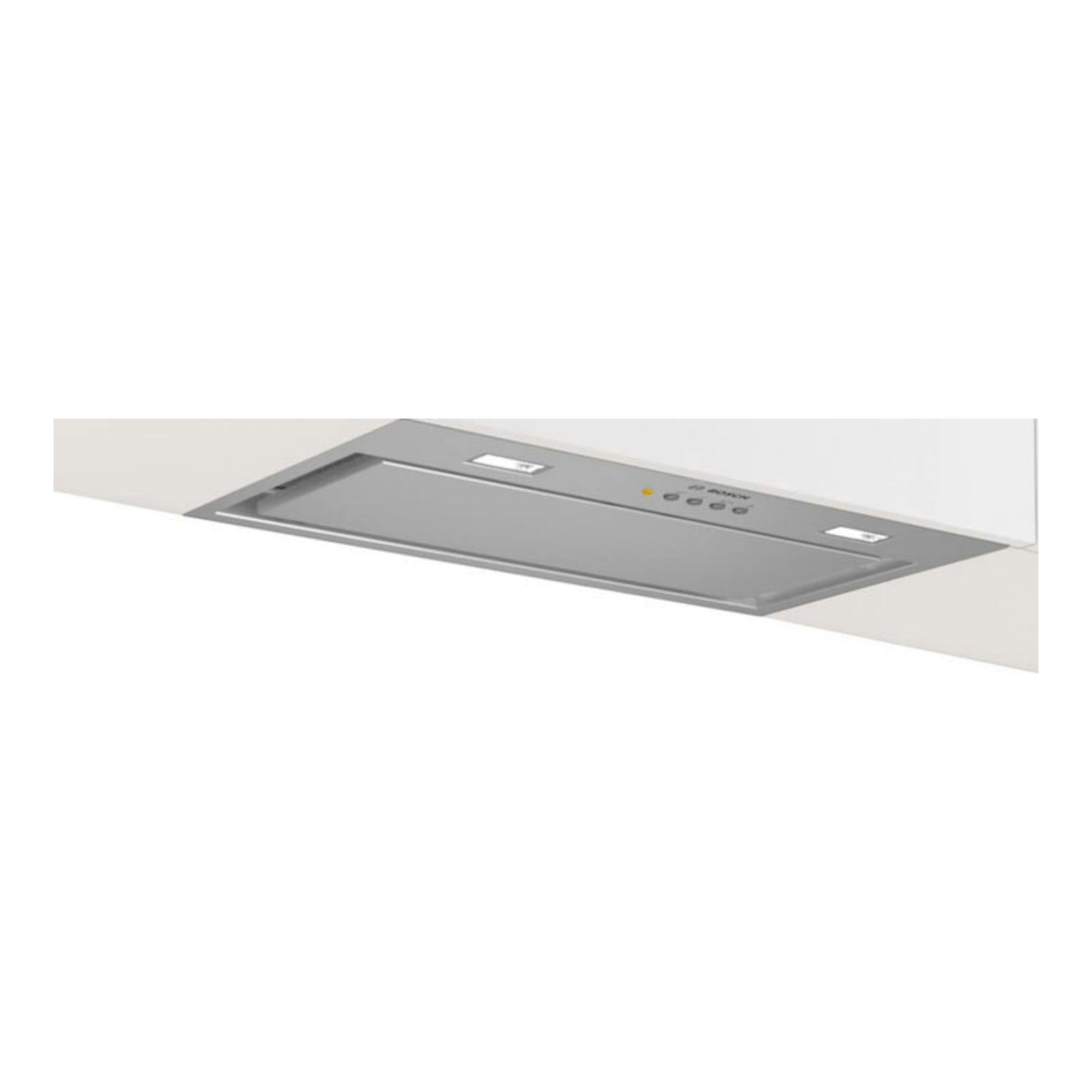 Grupo filtrante Bosch DLN56AC50 inox, visto en ángulo bajo, empotrado en mueble blanco.