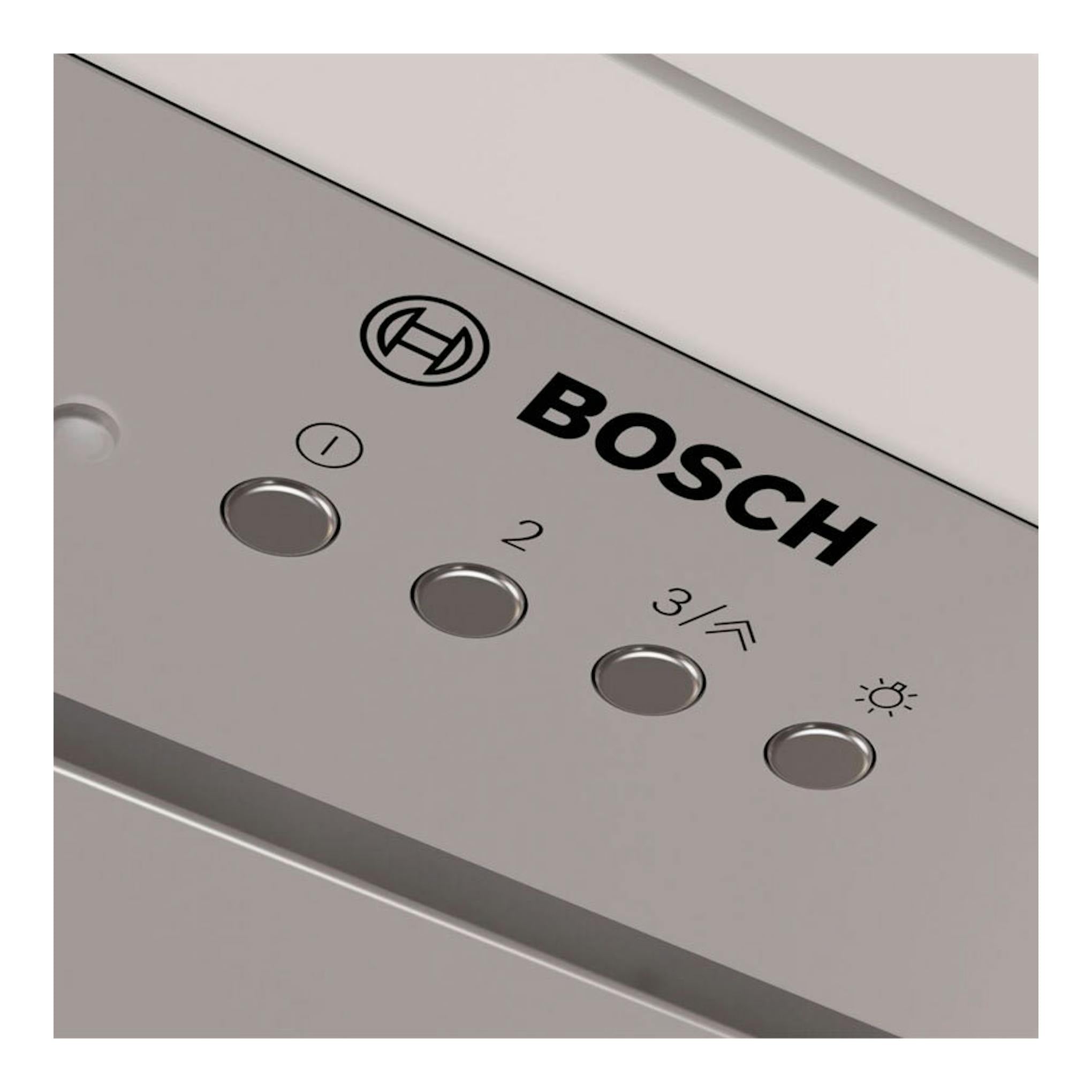 Grupo filtrante Bosch DLN56AC50 inox, vista frontal inclinada del panel de control con botones y logo.