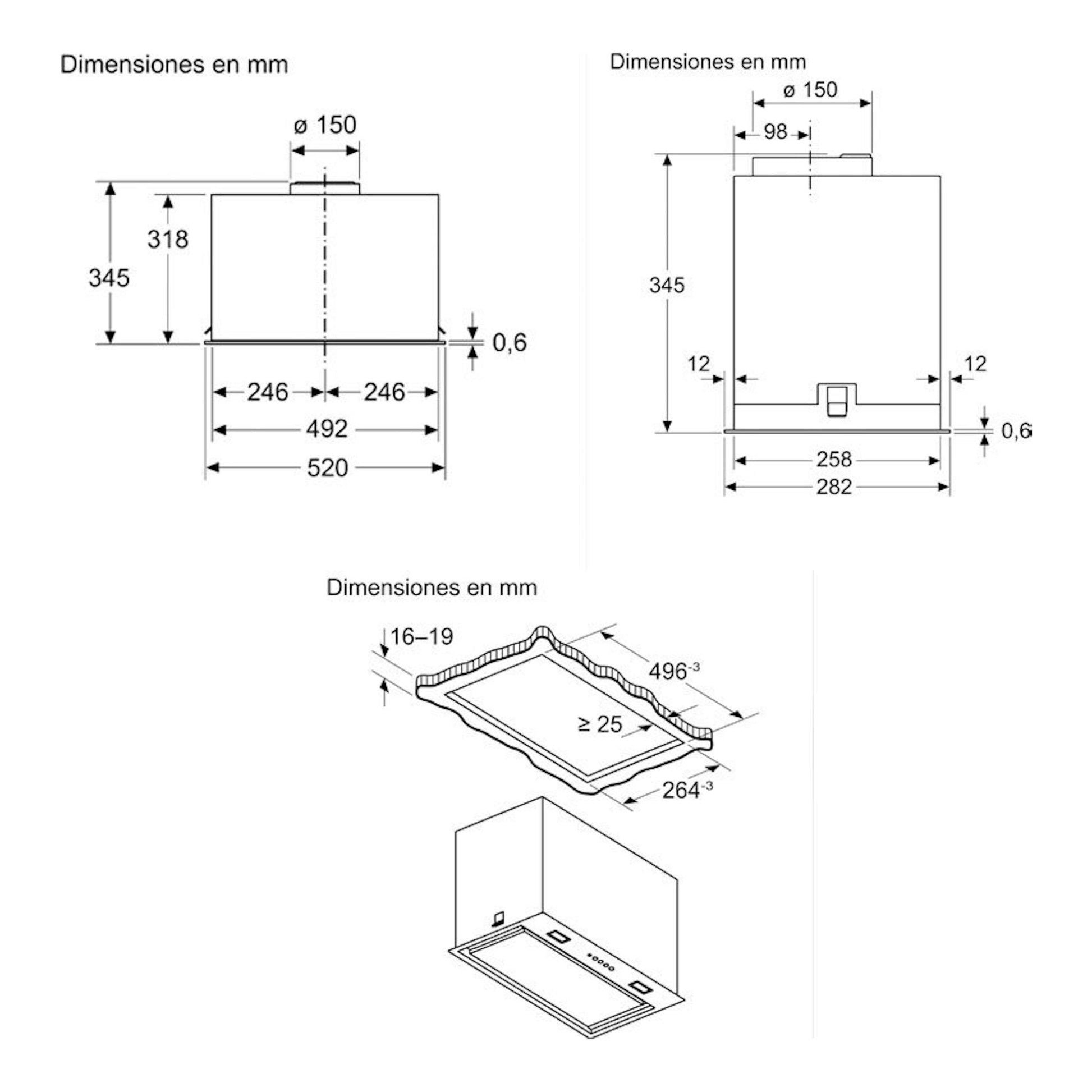 Bosch DLN57PC60, esquema técnico del grupo filtrante negro con vistas frontal y lateral y medidas en mm.