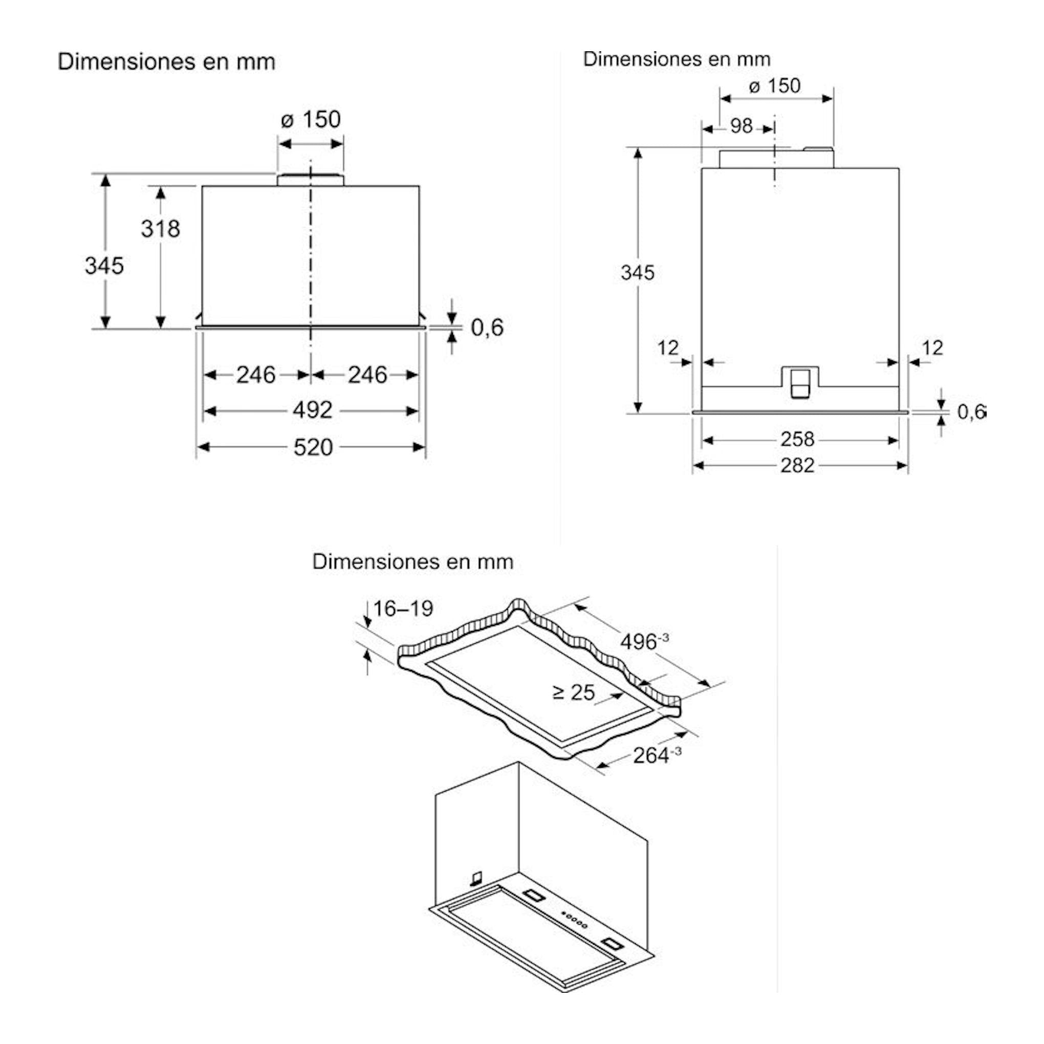 Bosch DLN57PC60, esquema técnico del grupo filtrante negro con vistas frontal y lateral y medidas en mm.