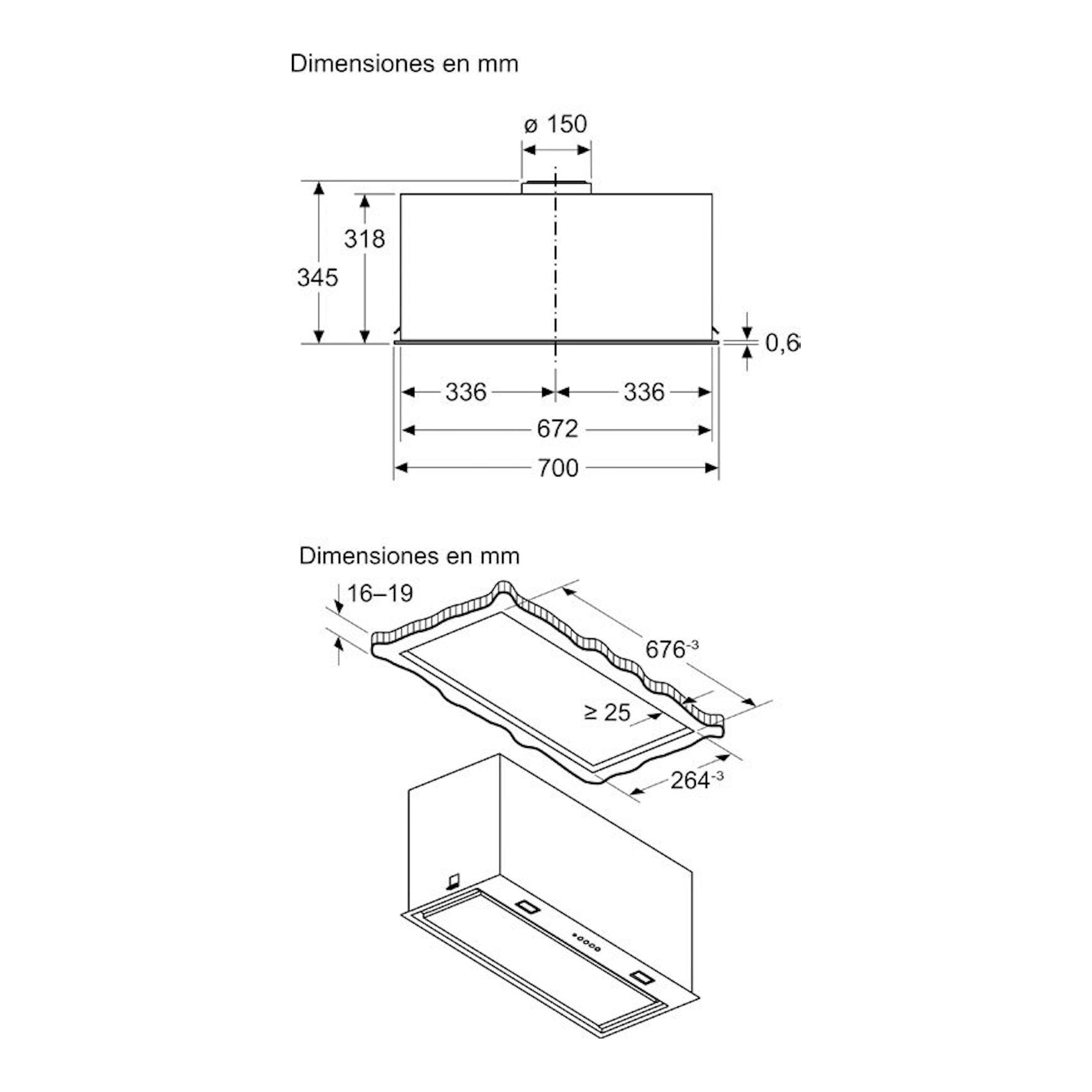 Bosch DLN78PC60 negro, esquema de dimensiones en mm con vista frontal y perspectiva de instalación.