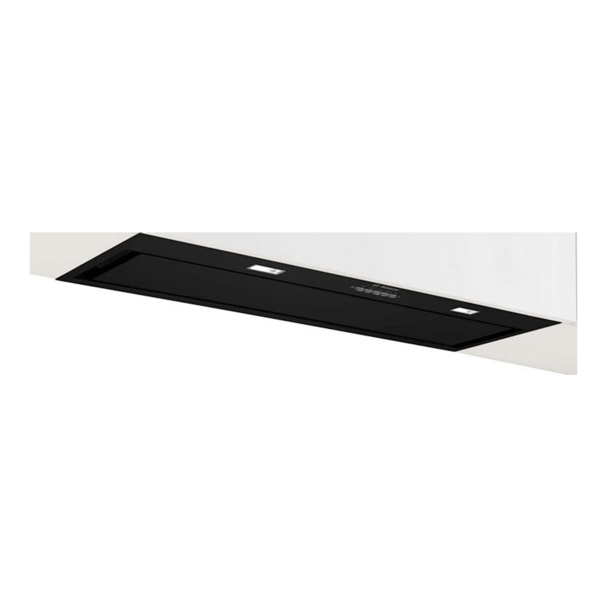 Grupo filtrante Bosch DLN88PC60 negro, vista frontal inclinada, integrado en mueble blanco.