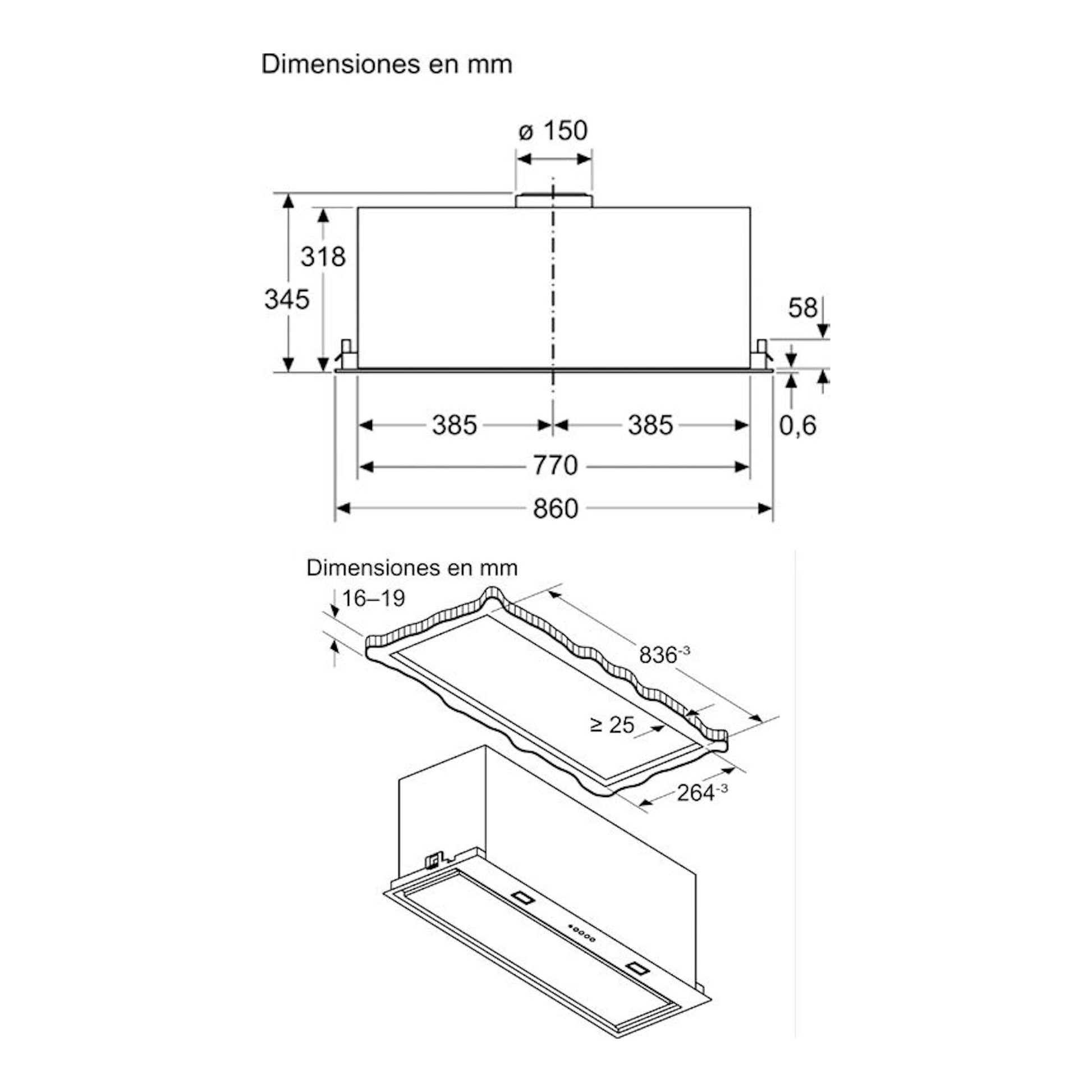 Bosch DLN88PC60 negro, diagrama técnico con medidas y vista inferior de grupo filtrante de 86 cm.