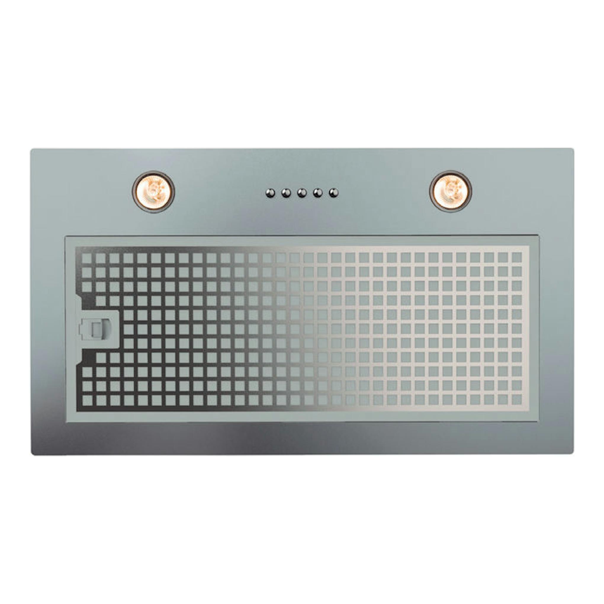 Grupo filtrante Cata G 50 LUX X inox, vista frontal, acabado gris metálico con dos luces y rejilla rectangular.