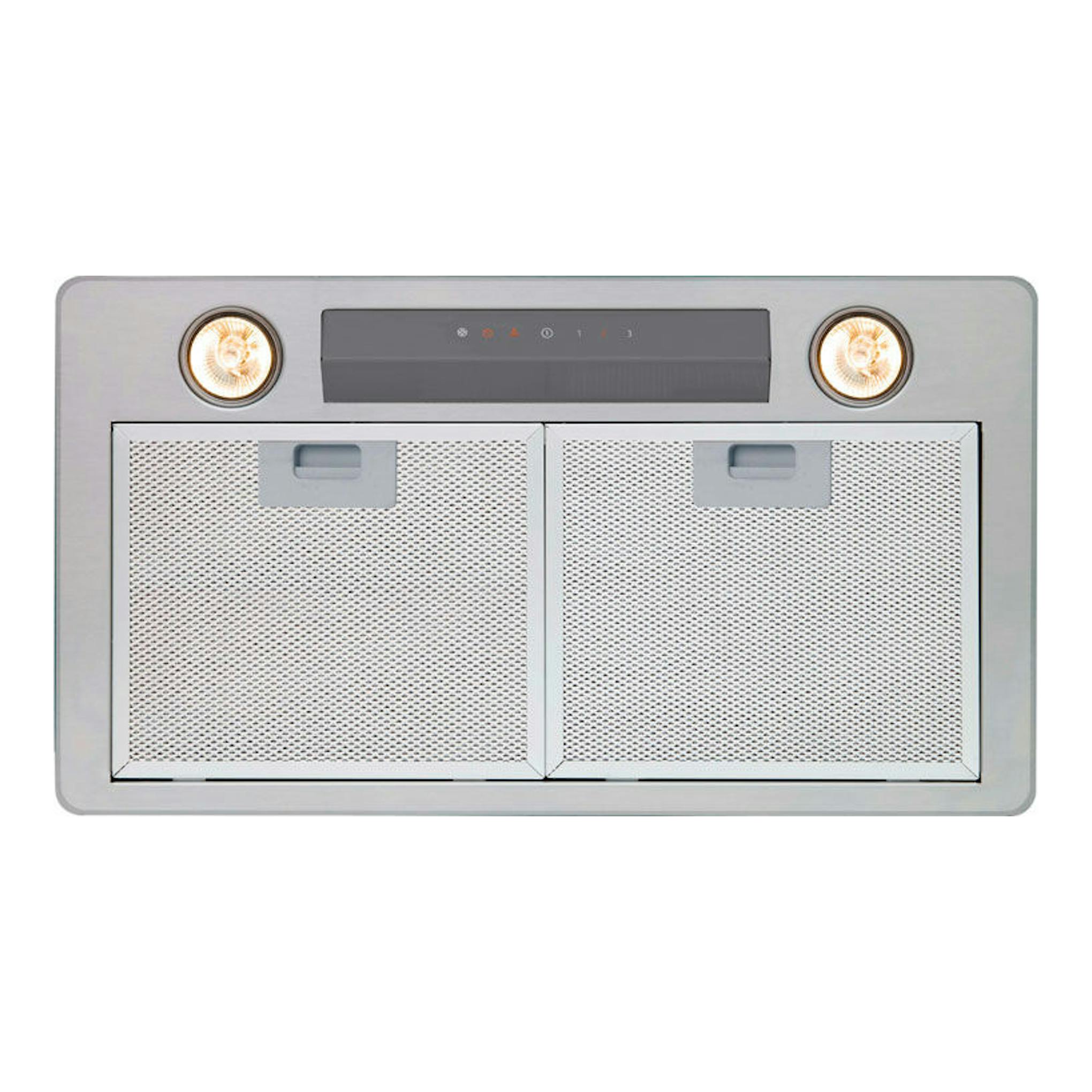 Grupo filtrante Cata GL 45 X inox, vista frontal, acero inoxidable, con dos luces y dos filtros metálicos.