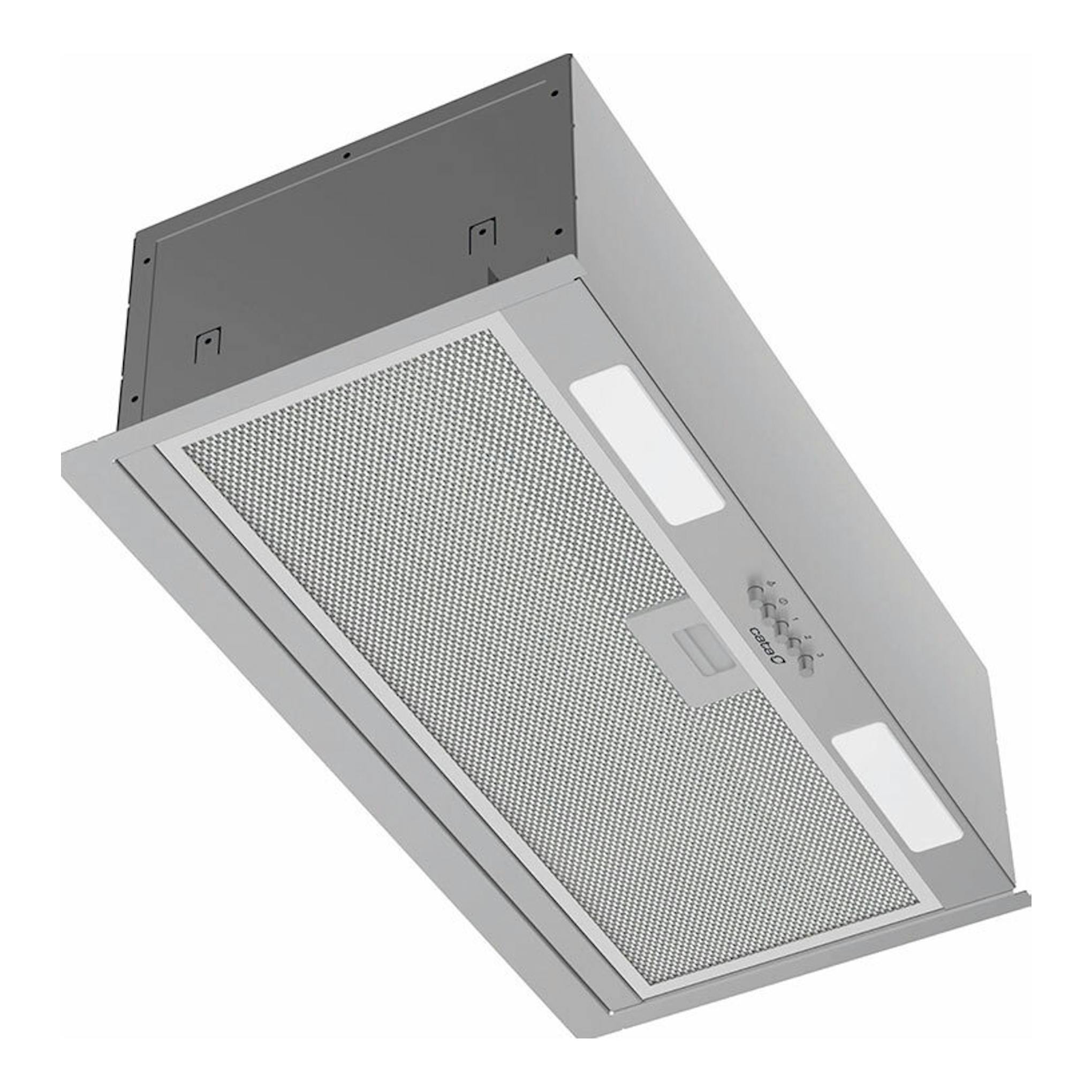 Grupo filtrante Cata RITMA 60 cm inox, vista inferior en ángulo, acero inoxidable y filtro metálico.
