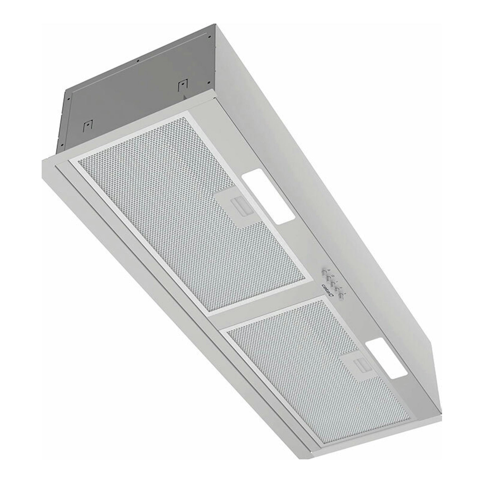 Grupo filtrante Cata RITMA 90 cm en acero inox, vista en perspectiva, con dos paneles de filtro metálico.