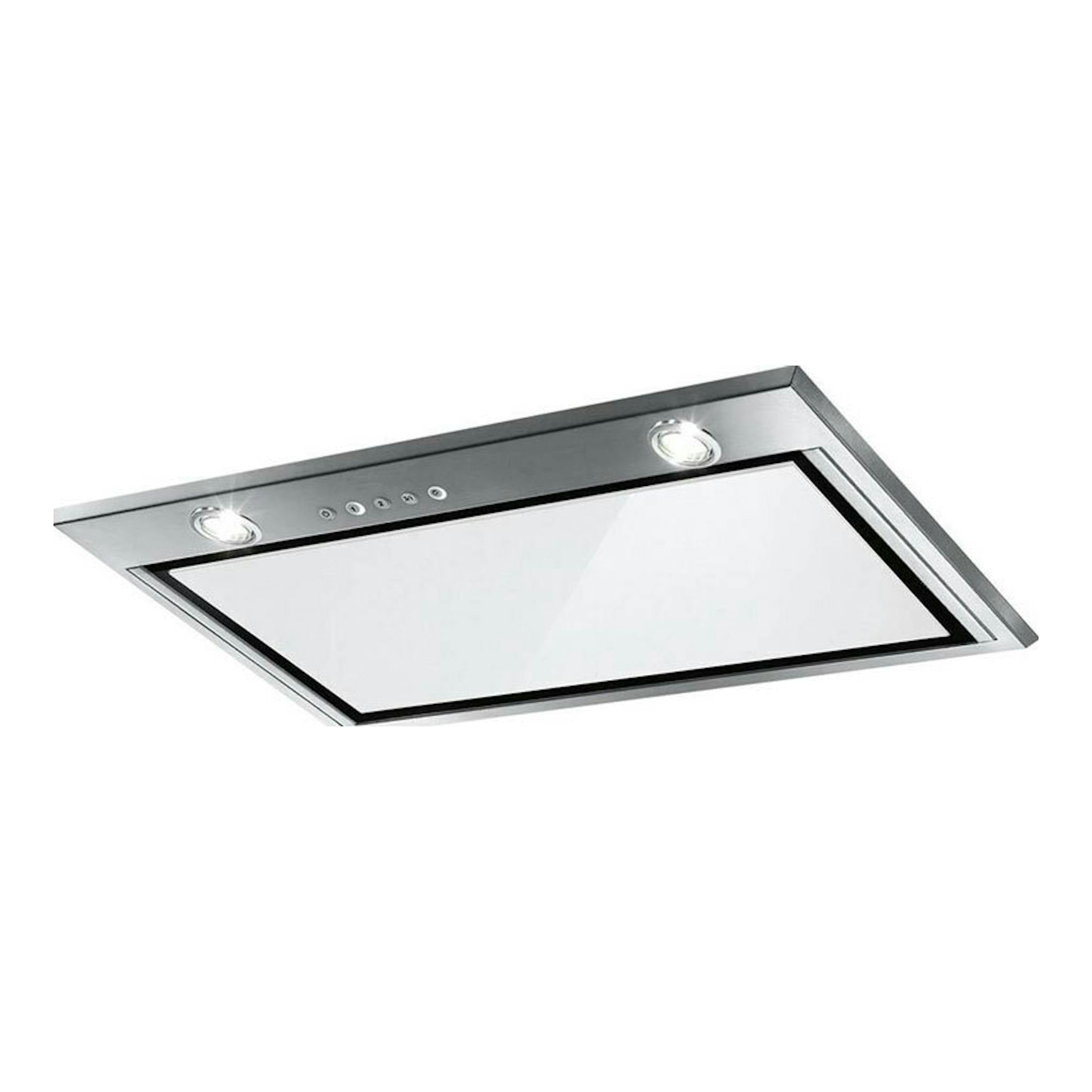 Grupo filtrante Mepamsa Irun 52 blanco, vista inferior en acero inoxidable con panel blanco y dos luces.