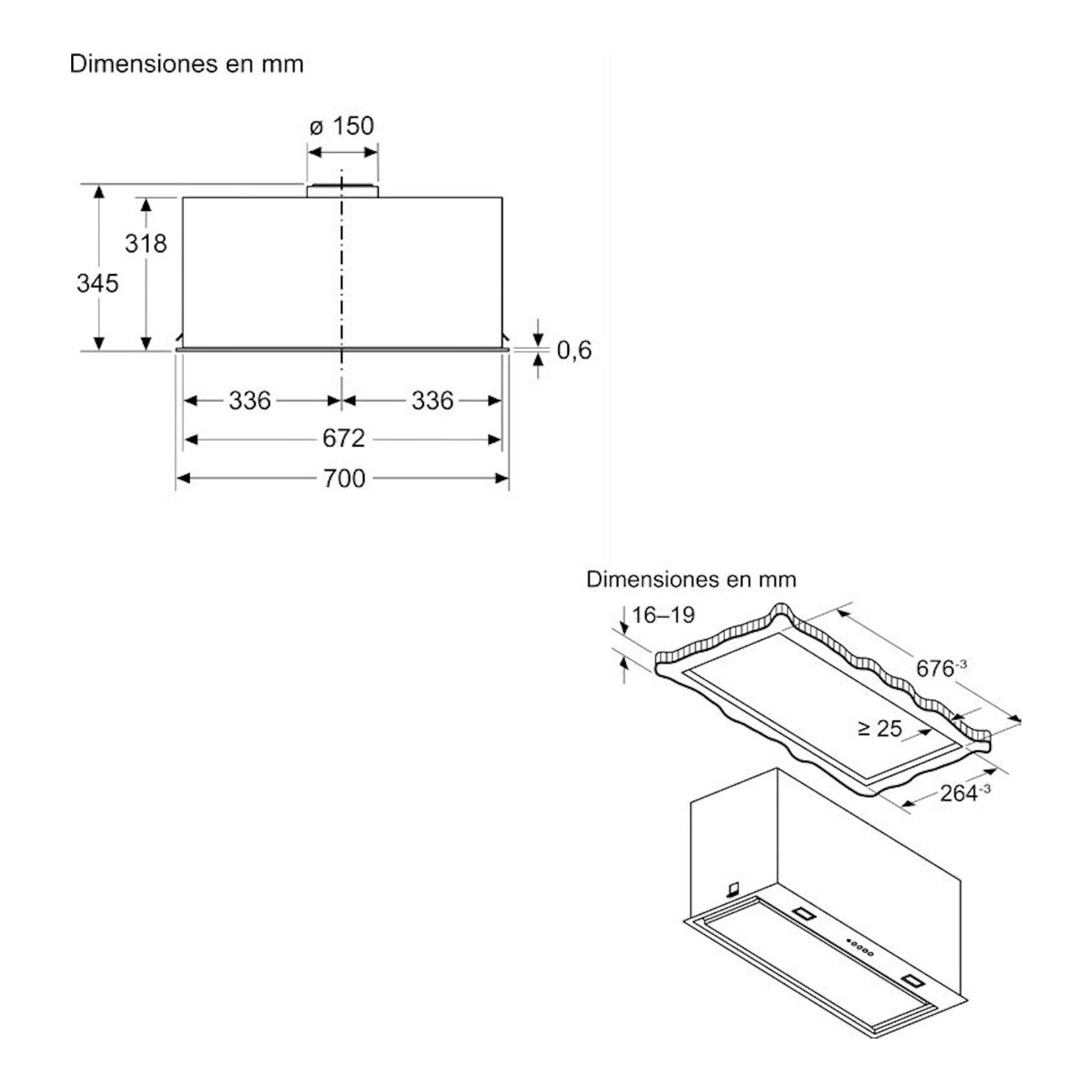 Diagrama de dimensiones del grupo filtrante Siemens LB78NPC60 de 70 cm, vista frontal y perspectiva, en mm.