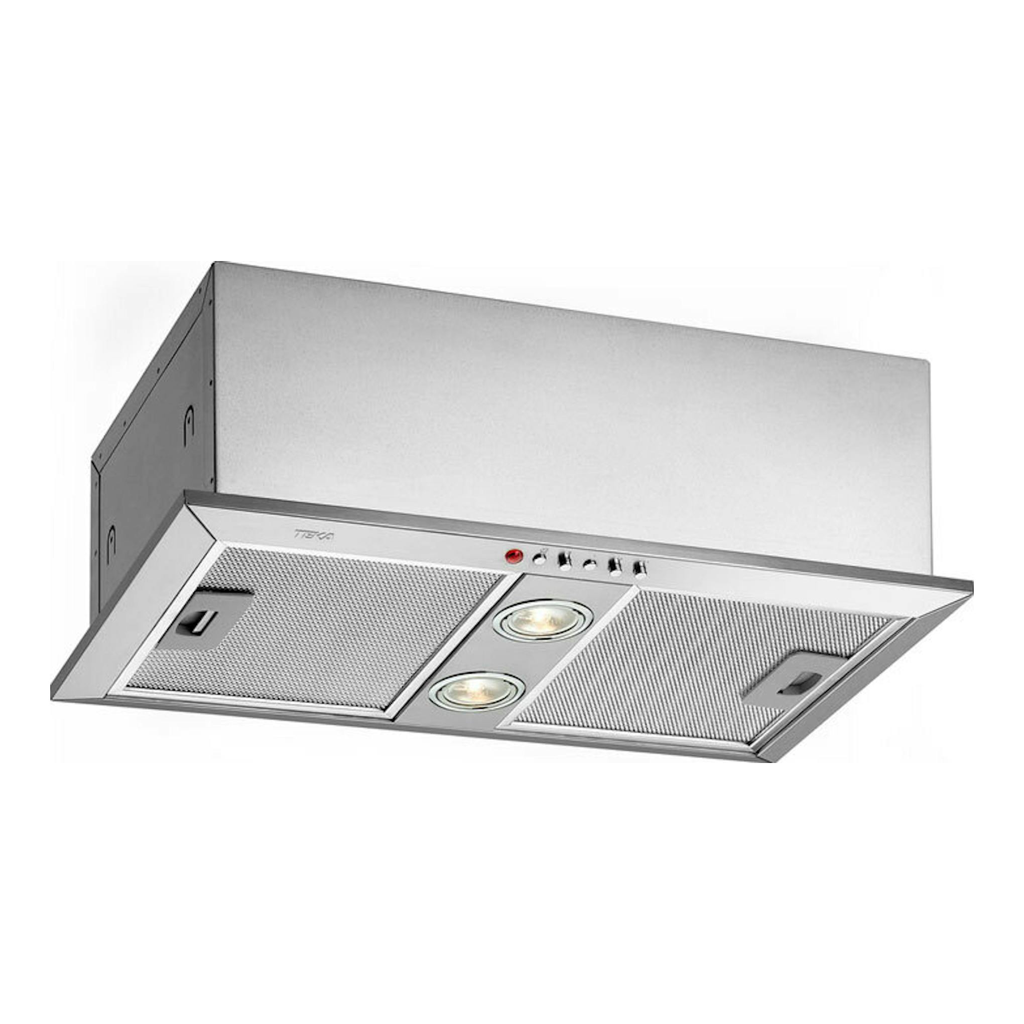 Grupo filtrante Teka GFH 73 Inox, vista frontal en ángulo, acero inoxidable, con dos luces y filtros metálicos.