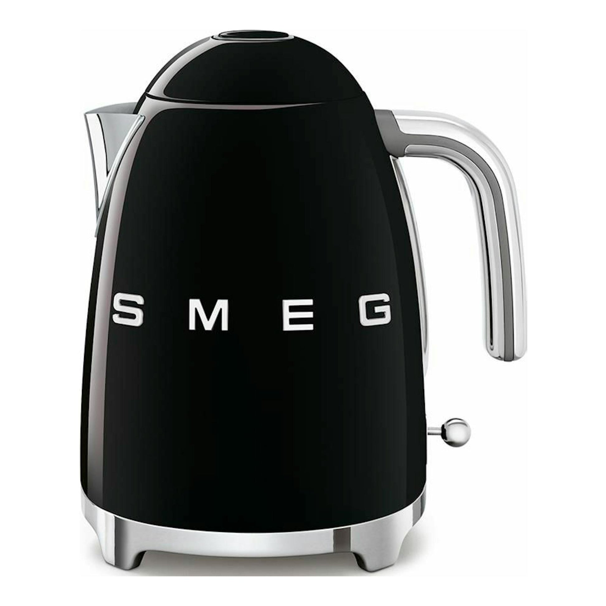 Hervidor de agua Smeg KLF03BLEU negro, vista frontal, con detalles cromados.