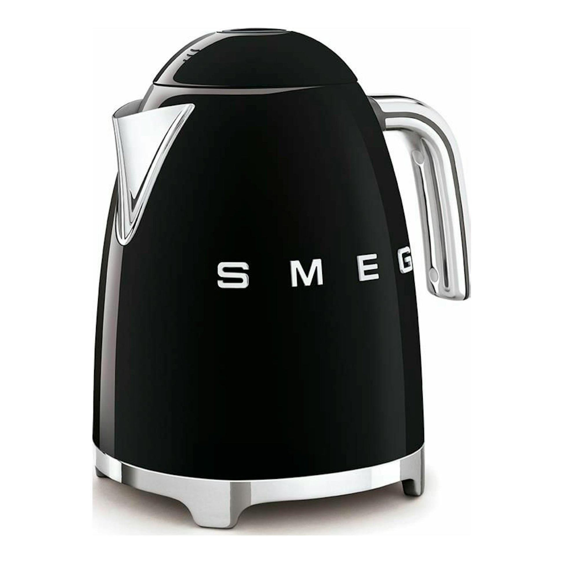Hervidor eléctrico Smeg KLF03BLEU negro, vista frontal, con detalles cromados.