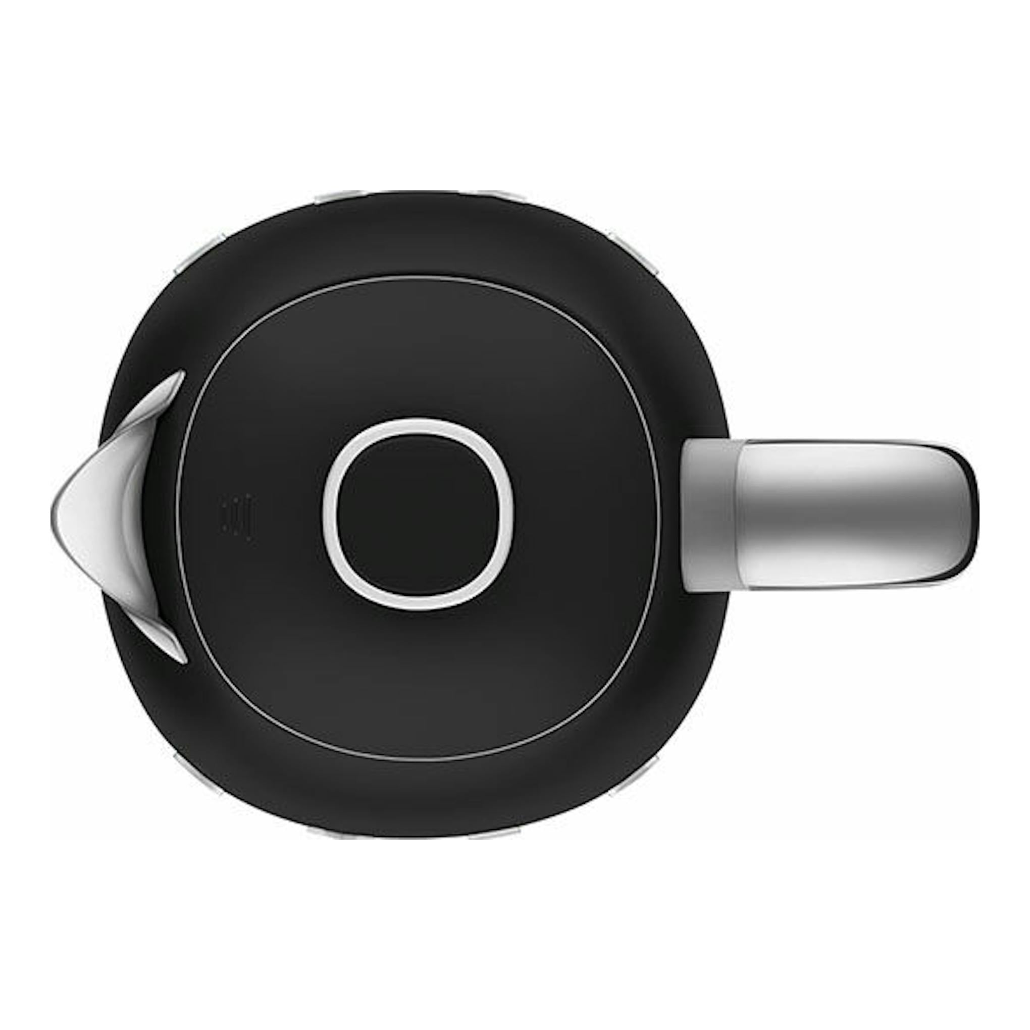 Hervidor de agua Smeg KLF03BLMEU negro, vista superior, con asa y boquilla plateadas.