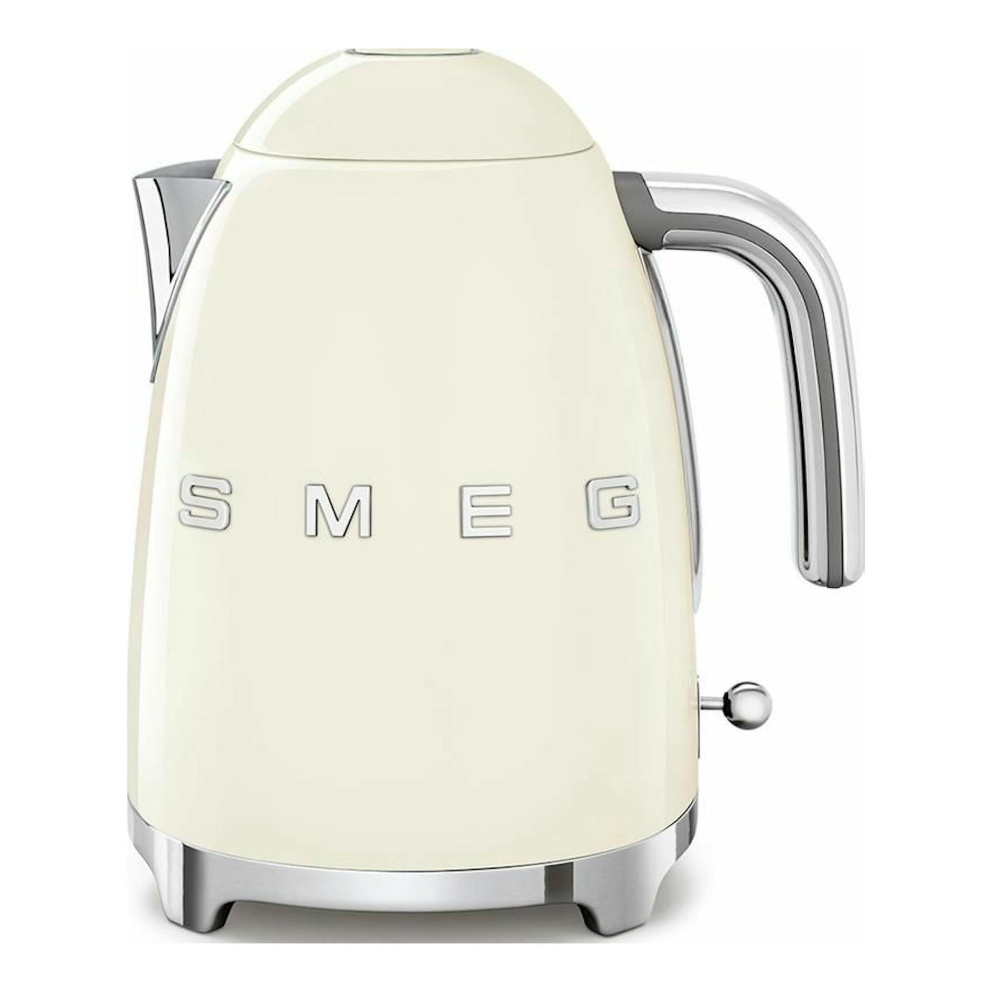 Hervidor Smeg KLF03CREU crema, vista frontal, cuerpo redondeado con base y asa cromadas.