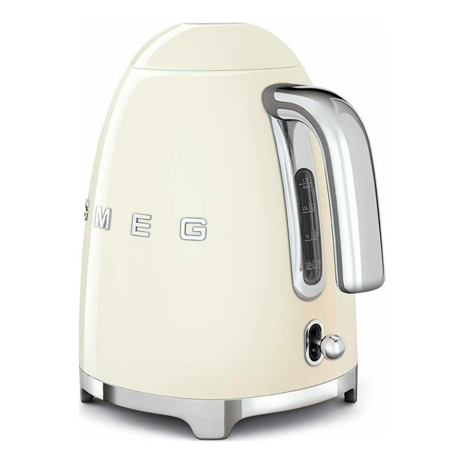 Hervidor eléctrico Smeg KLF03CREU color crema, vista frontal derecha, con asa y visor de nivel.