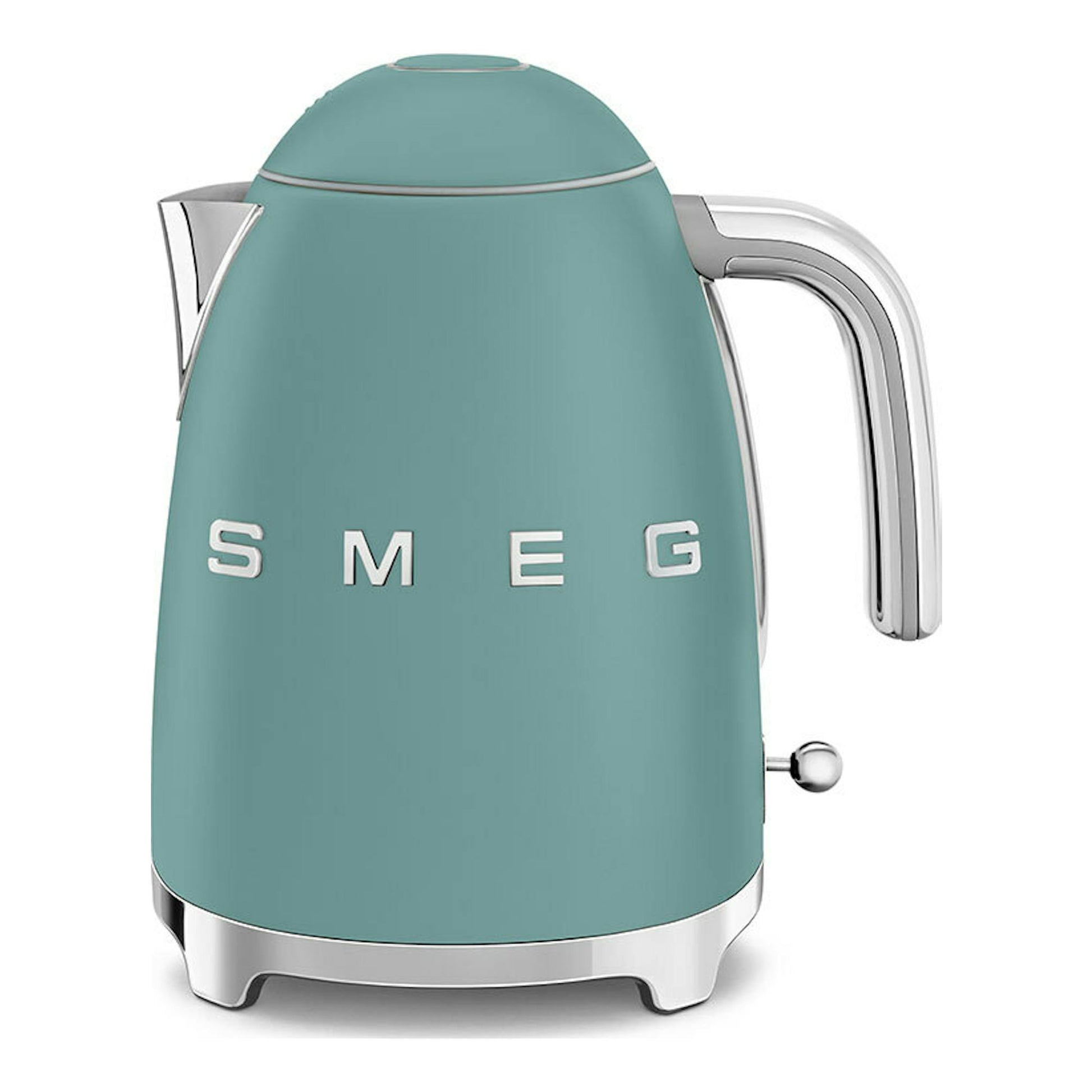Hervidor Smeg KLF03EGMEU verde esmeralda, vista frontal, con detalles cromados.