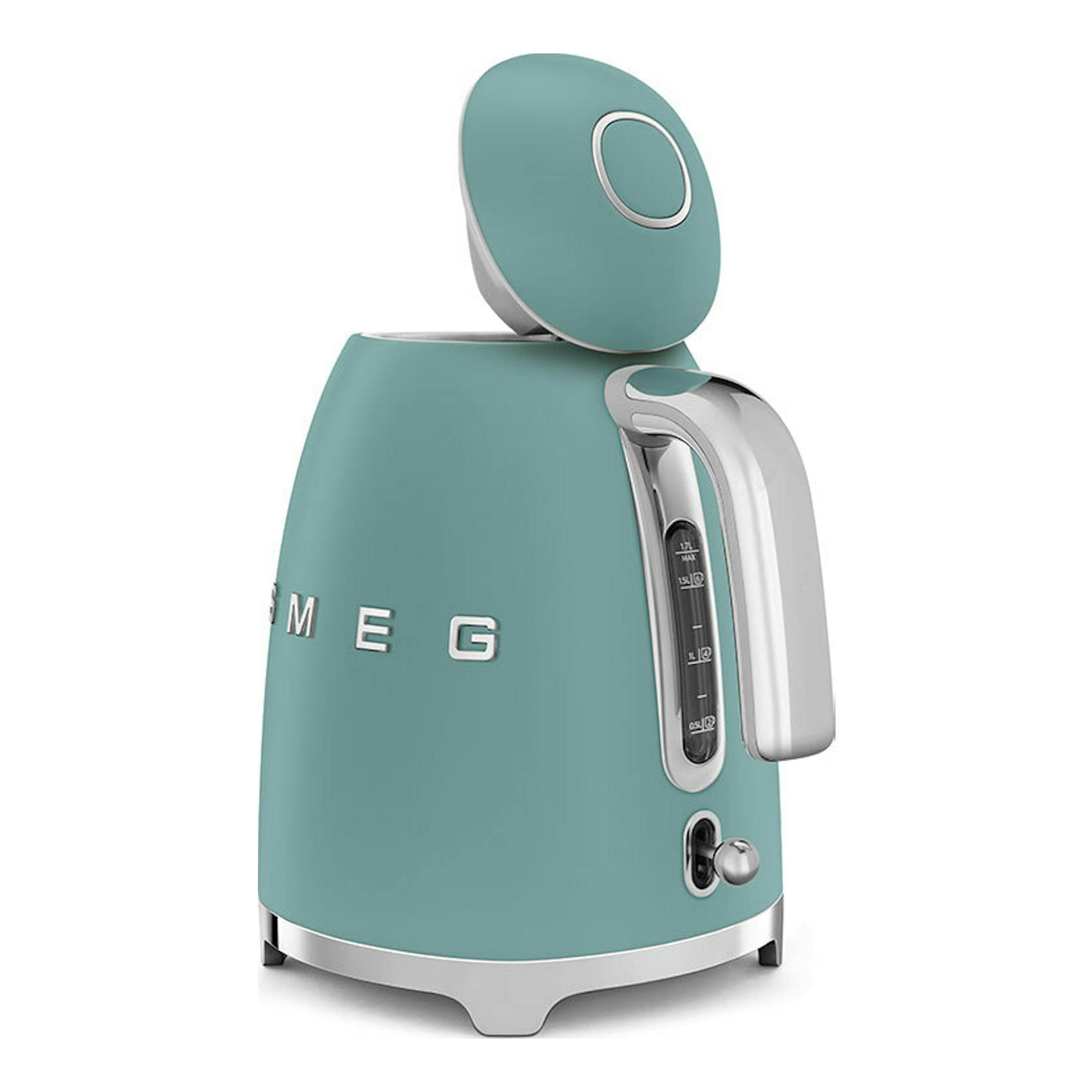 Hervidor Smeg KLF03EGMEU verde esmeralda, vista frontal tres cuartos con la tapa abierta.