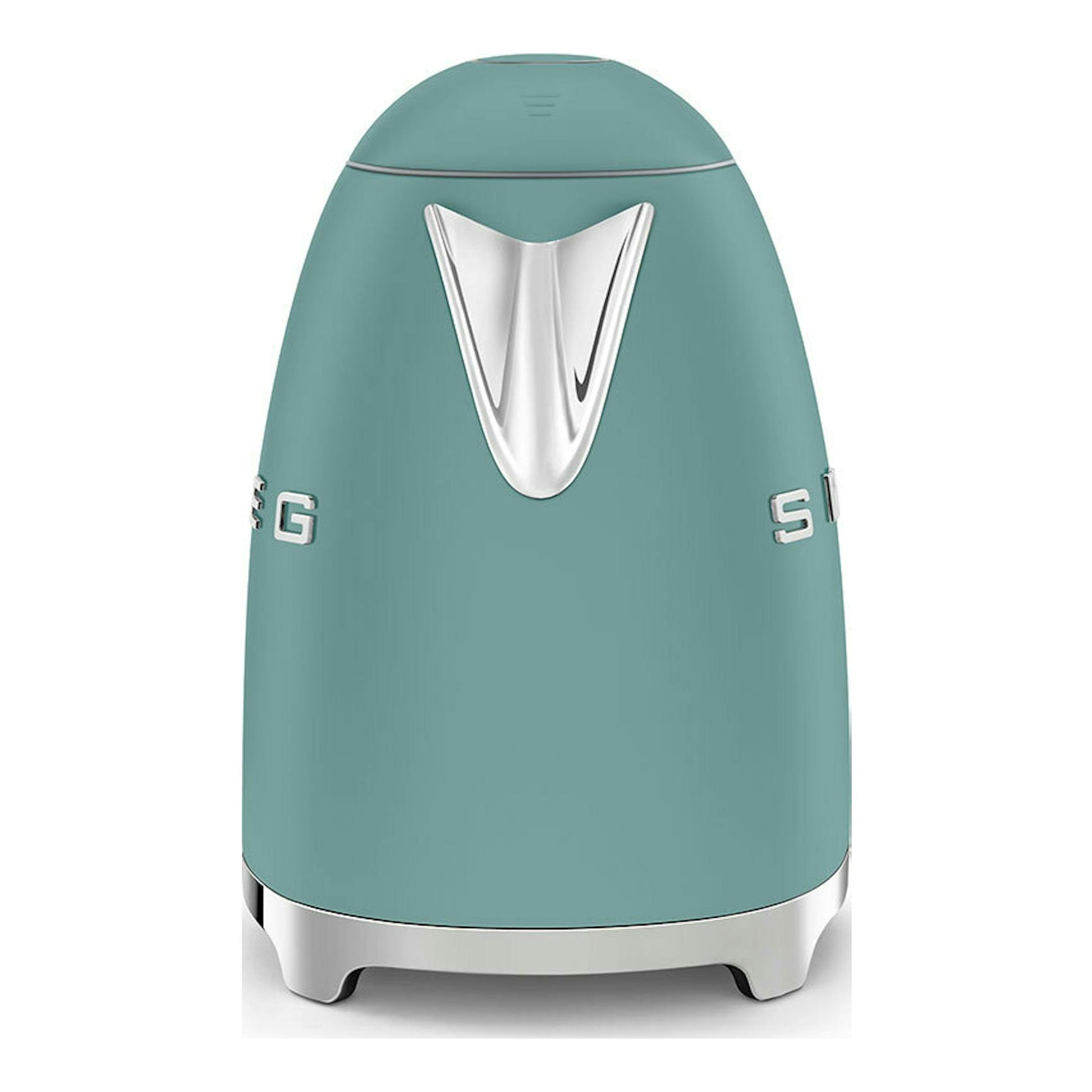 Hervidor Smeg KLF03EGMEU verde esmeralda, vista frontal, con detalles cromados.