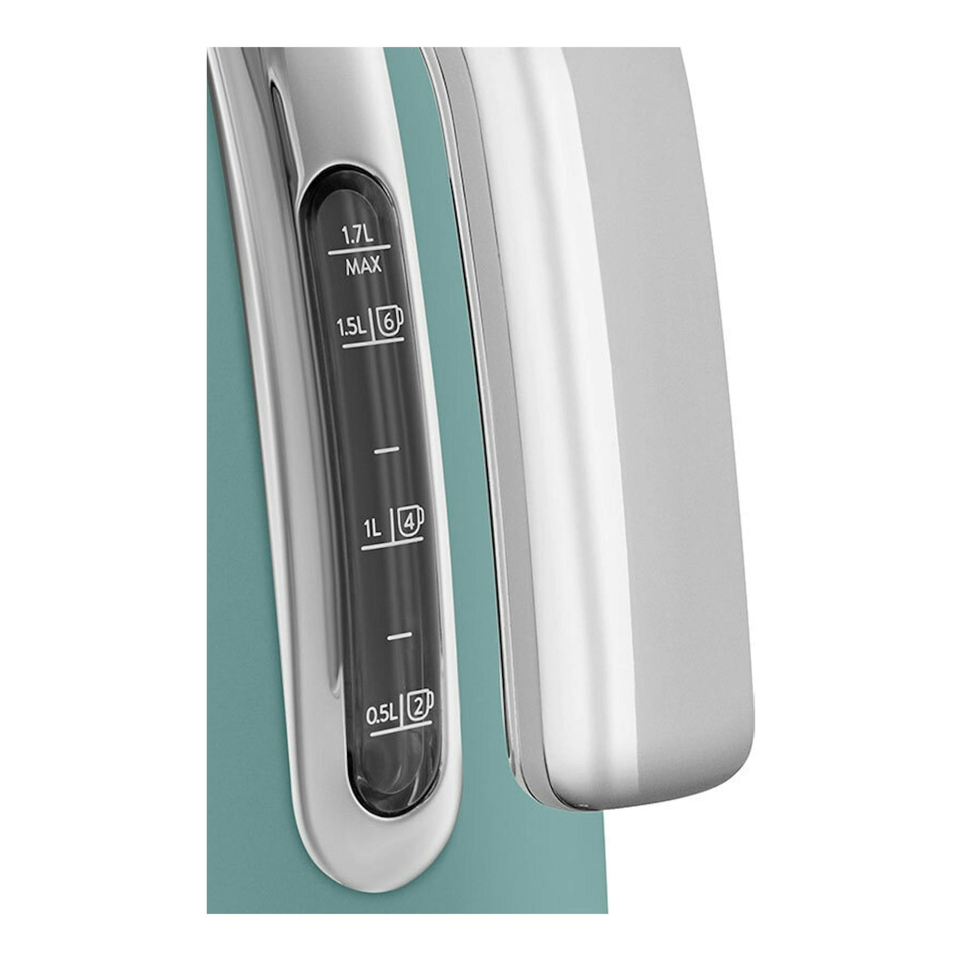 Hervidor Smeg KLF03EGMEU verde esmeralda, detalle lateral del indicador de nivel de agua y asa cromada.