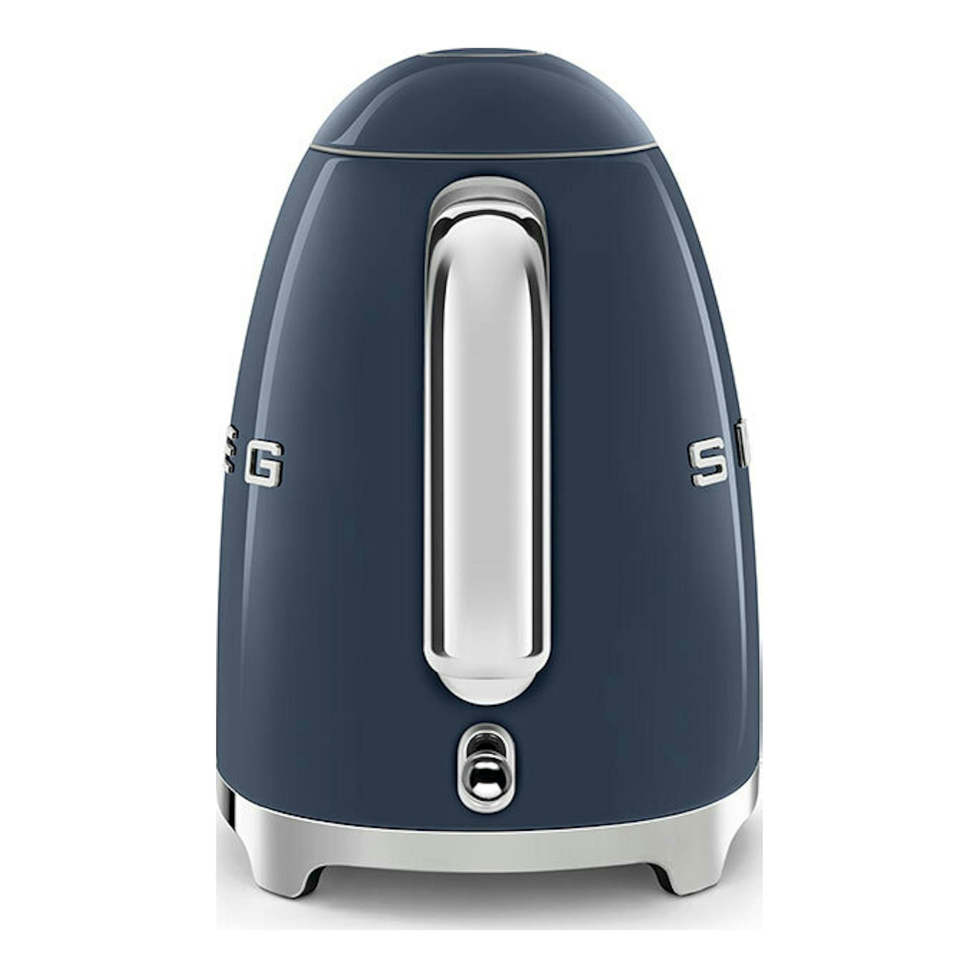 Hervidor Smeg KLF03NBEU azul marino, vista frontal, con detalles plateados.