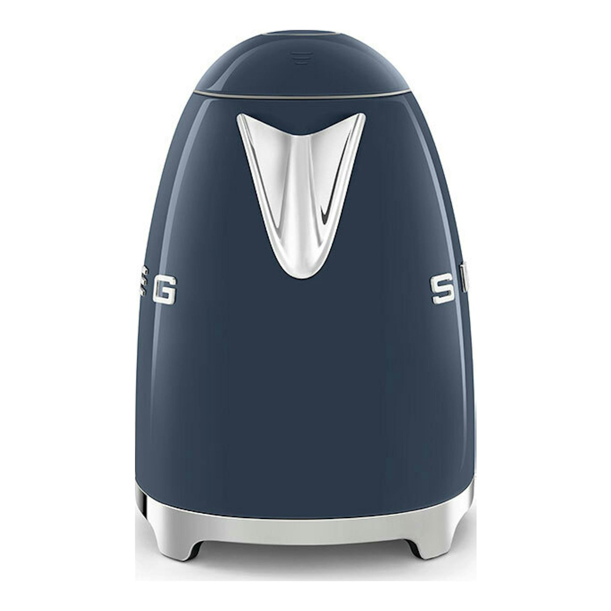 Hervidor Smeg KLF03NBEU azul marino, vista frontal, con base y detalles cromados.