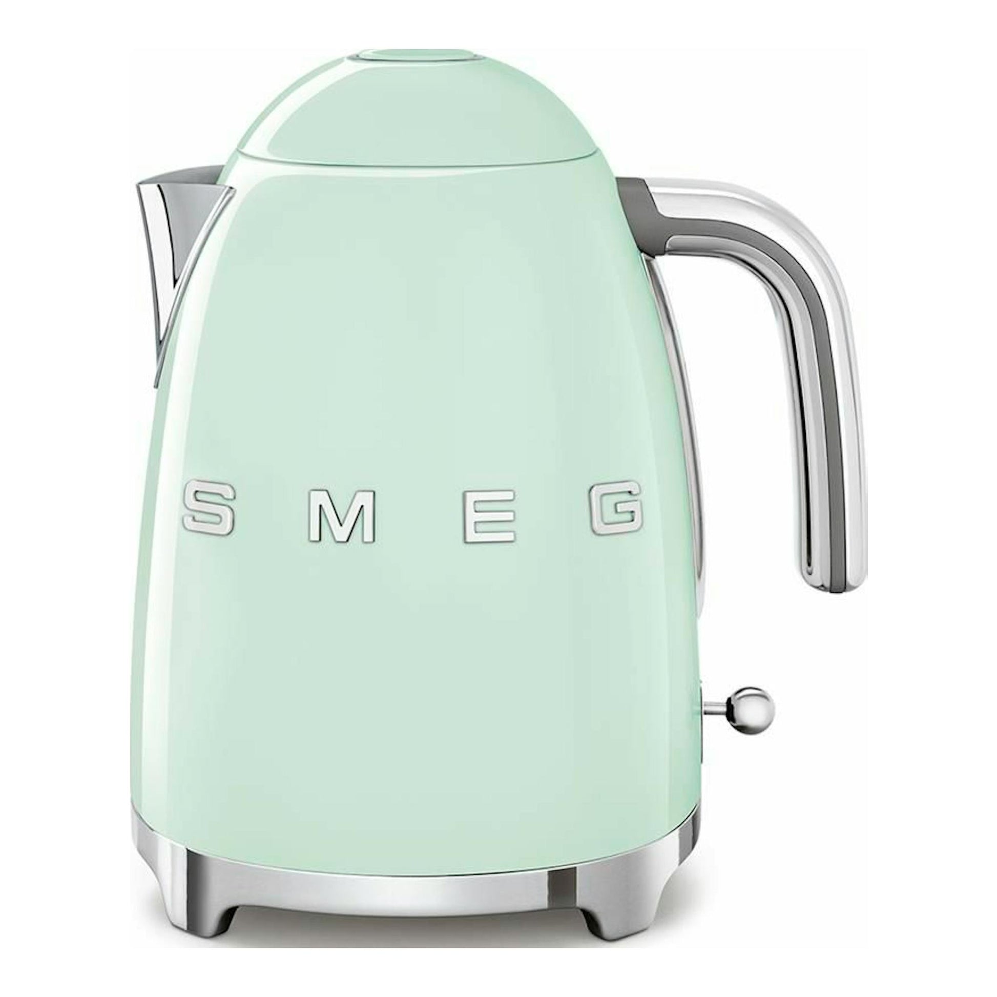 Hervidor Smeg KLF03PGEU verde agua, vista frontal, con detalles cromados.