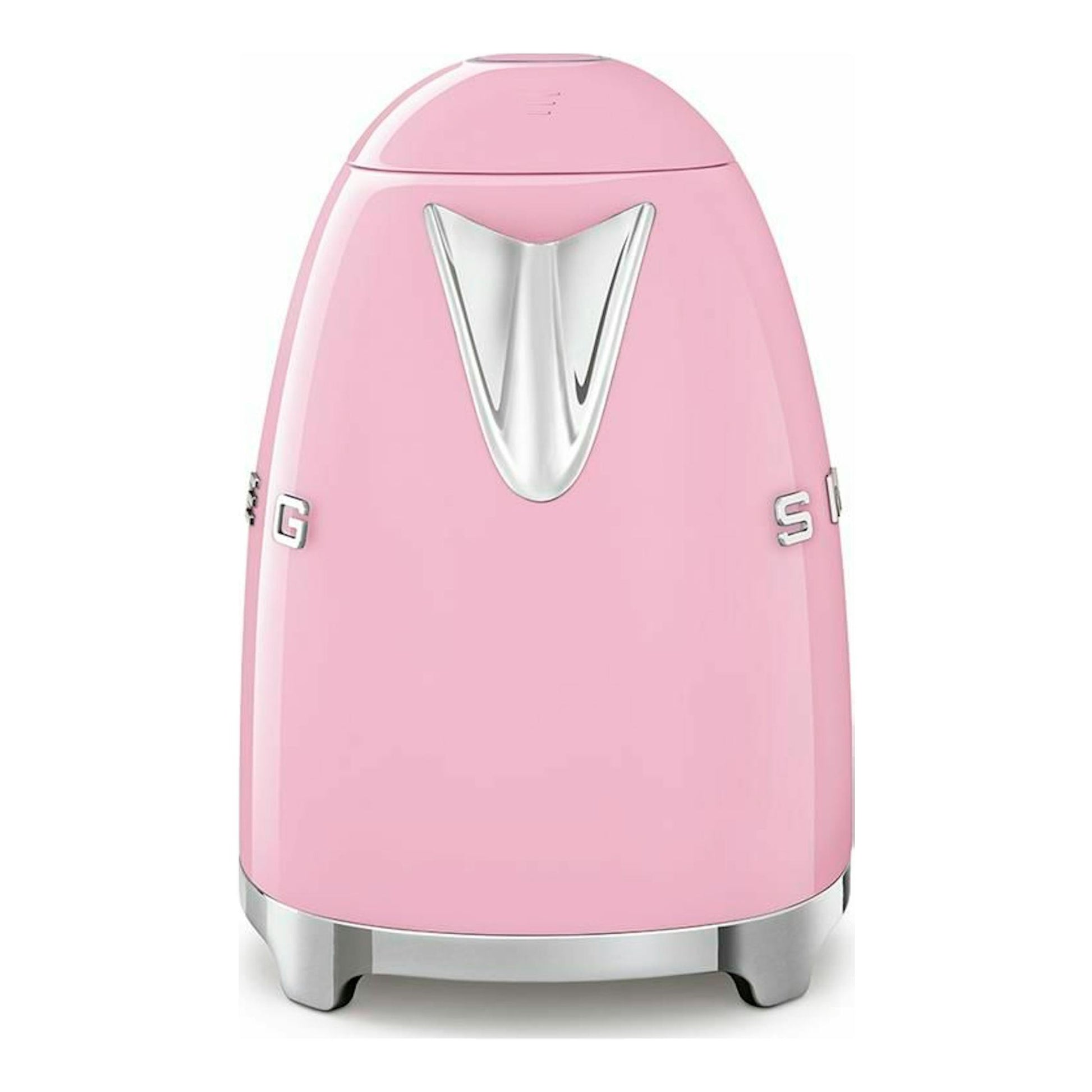 Hervidor de agua Smeg KLF03PKEU rosa, vista frontal sobre fondo blanco.