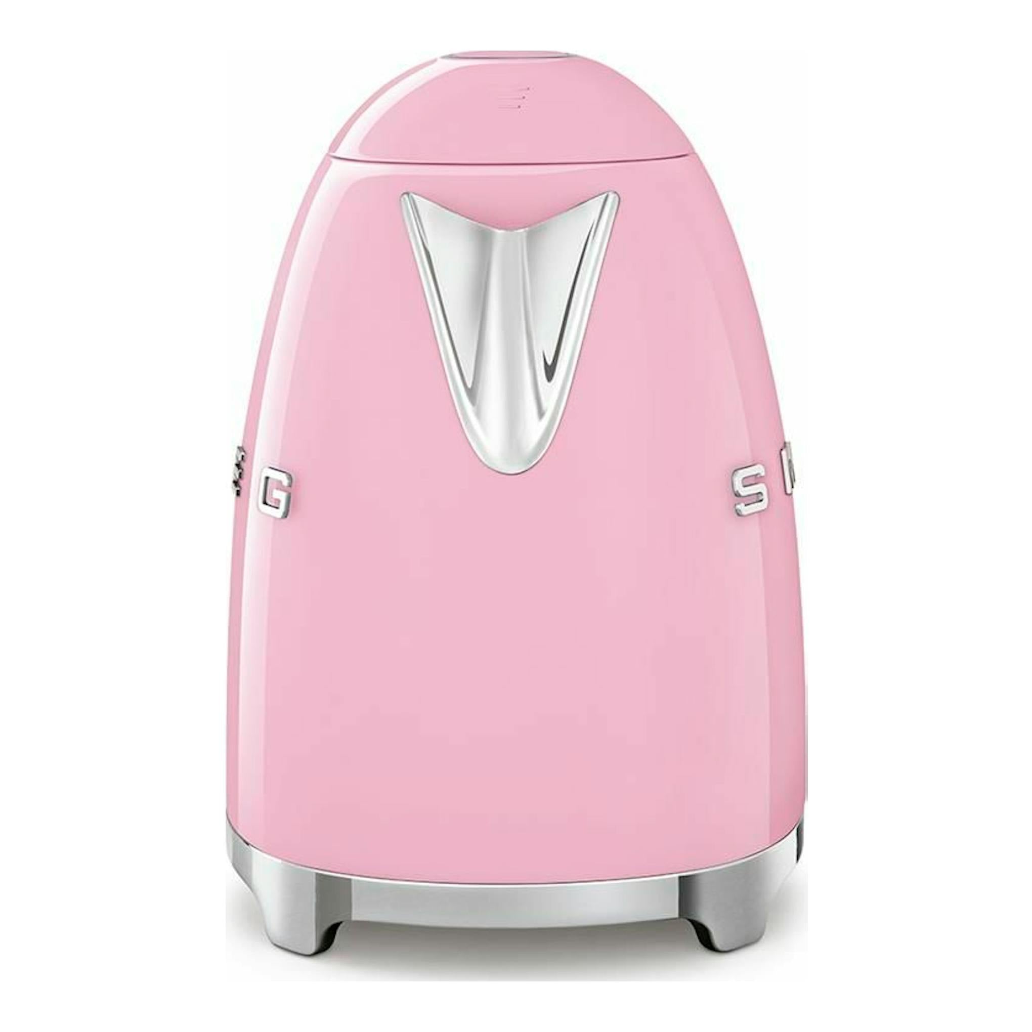 Hervidor de agua Smeg KLF03PKEU rosa, vista frontal sobre fondo blanco.