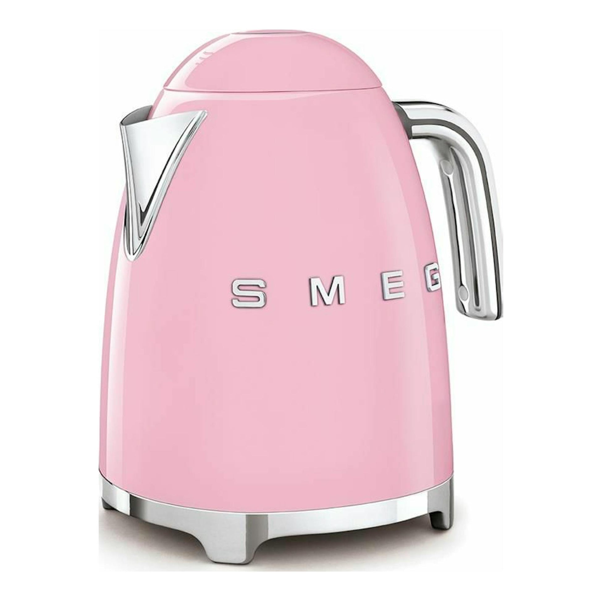 Hervidor Smeg KLF03PKEU rosa, vista frontal, con asa y boquilla cromadas.