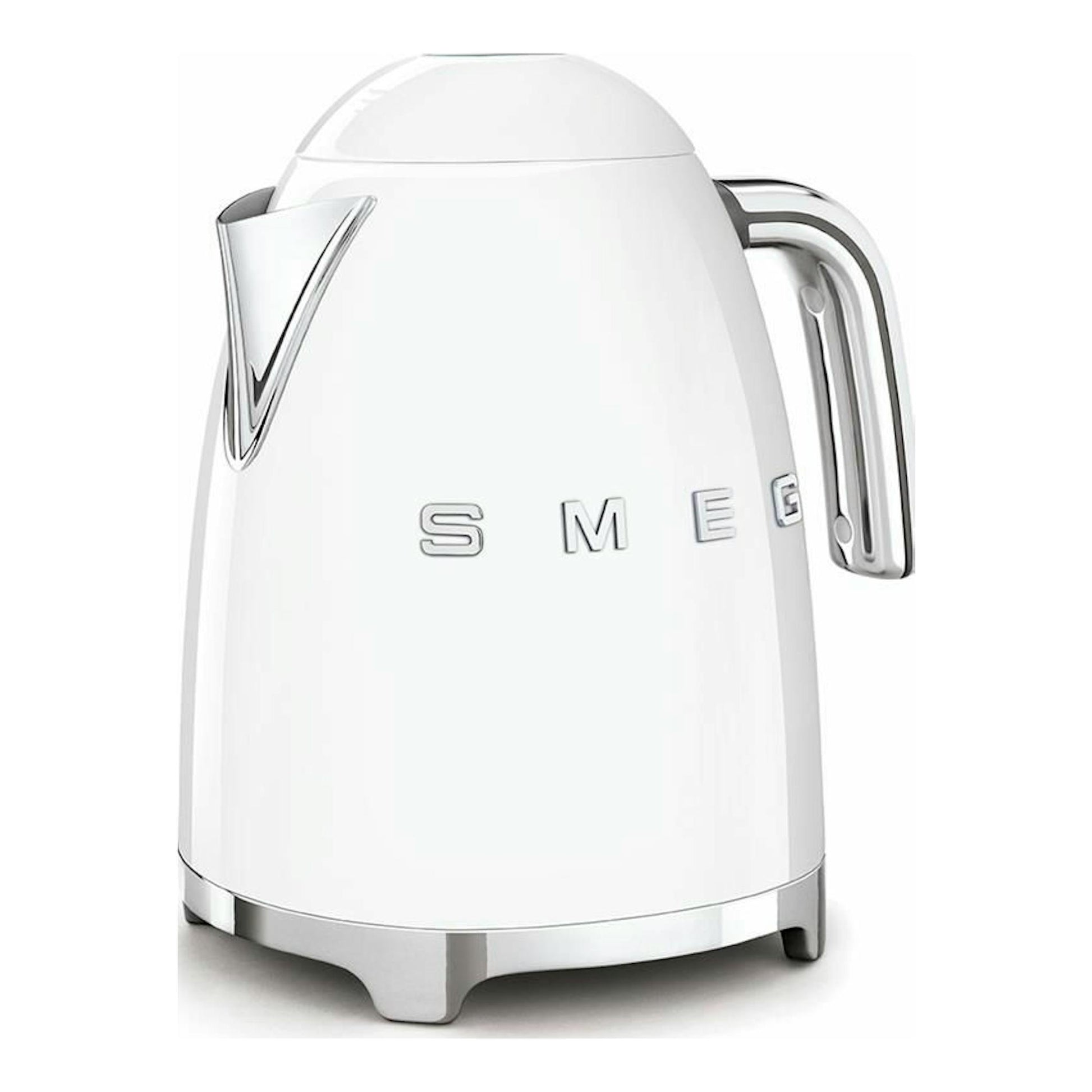 Hervidor Smeg KLF03WHEU blanco, vista frontal, con asa y pico cromados.