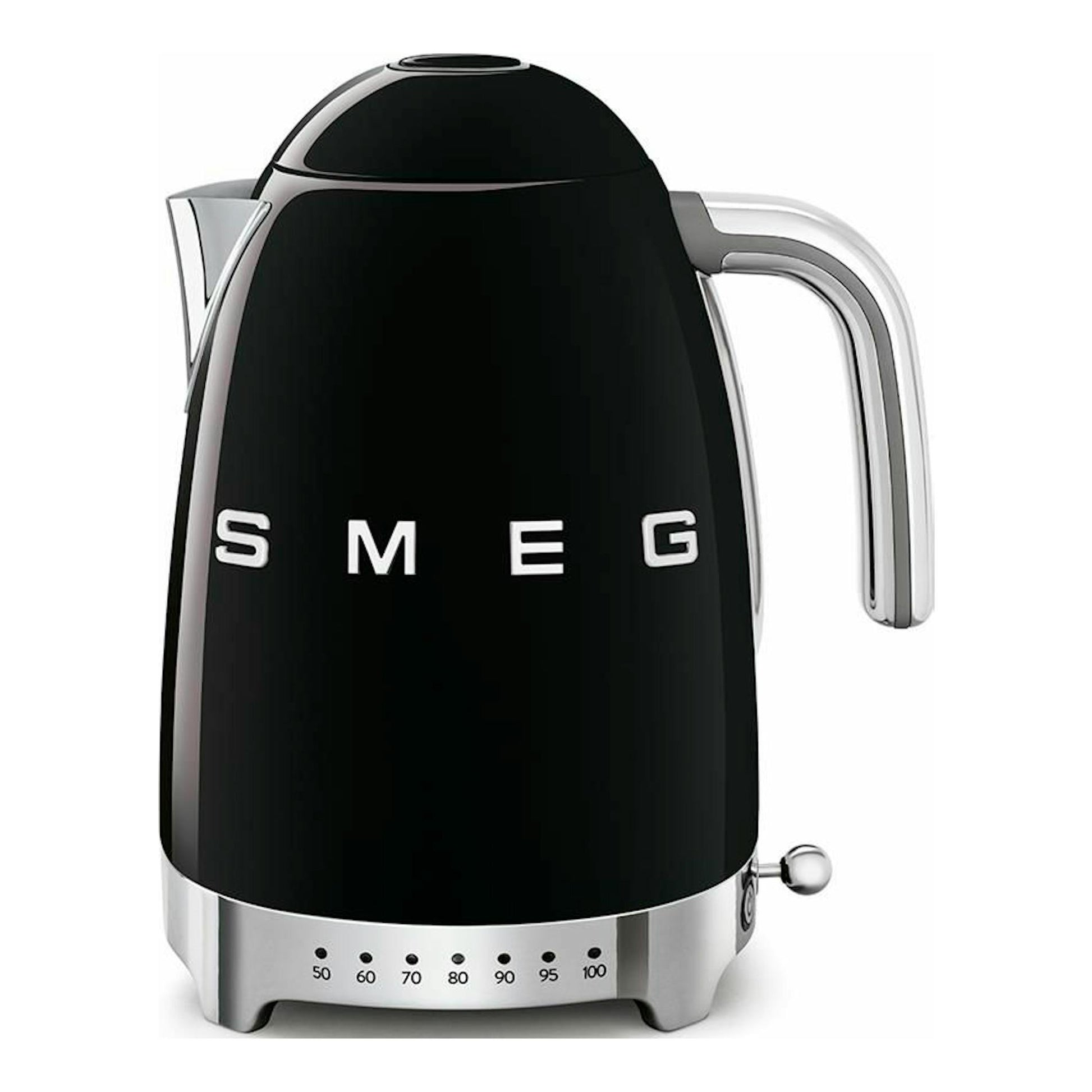 Hervidor Smeg KLF04BLEU negro, vista frontal, con asa y base cromadas.