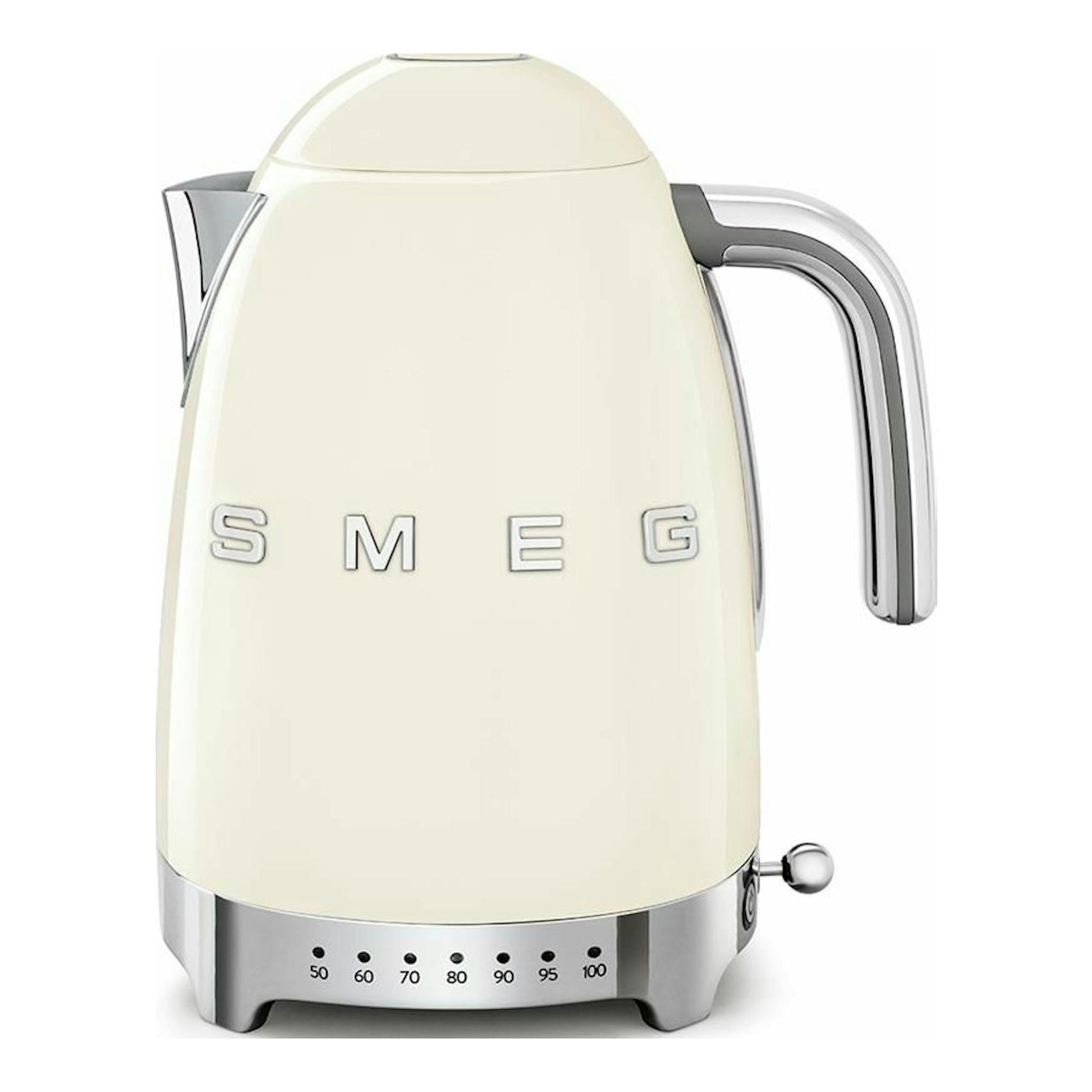 Hervidor Smeg KLF04CREU crema, vista frontal, con base cromada, asa lateral y logotipo Smeg.