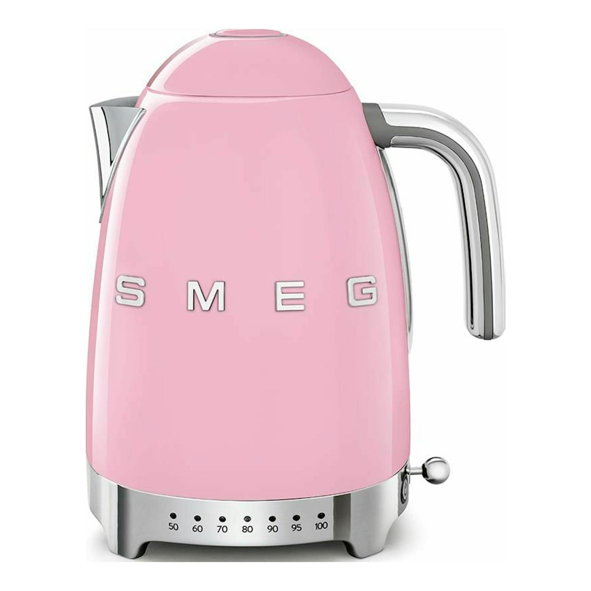 Hervidor Smeg KLF04PKEU rosa, vista frontal, con base cromada y asa metálica.