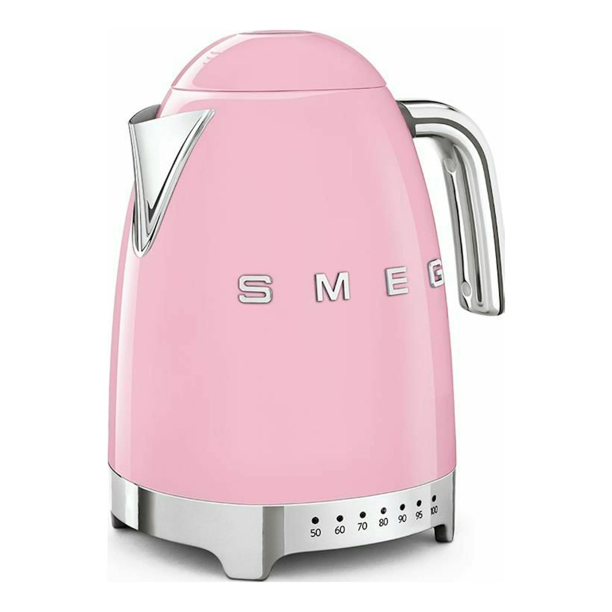 Hervidor Smeg KLF04PKEU rosa, vista frontal, con detalles cromados y base con selector de temperatura.