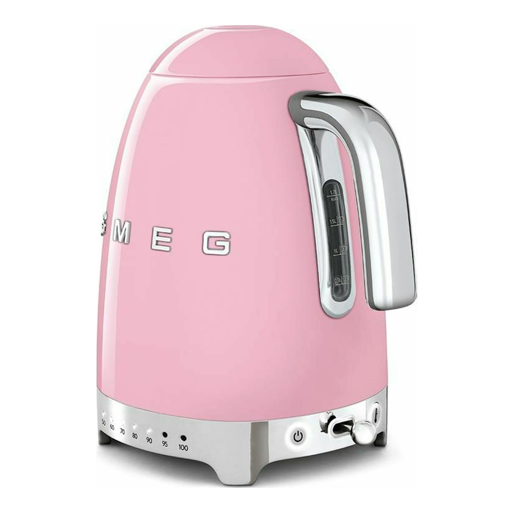 Hervidor de agua Smeg KLF04PKEU rosa, vista frontal en tres cuartos, con asa y base cromadas.