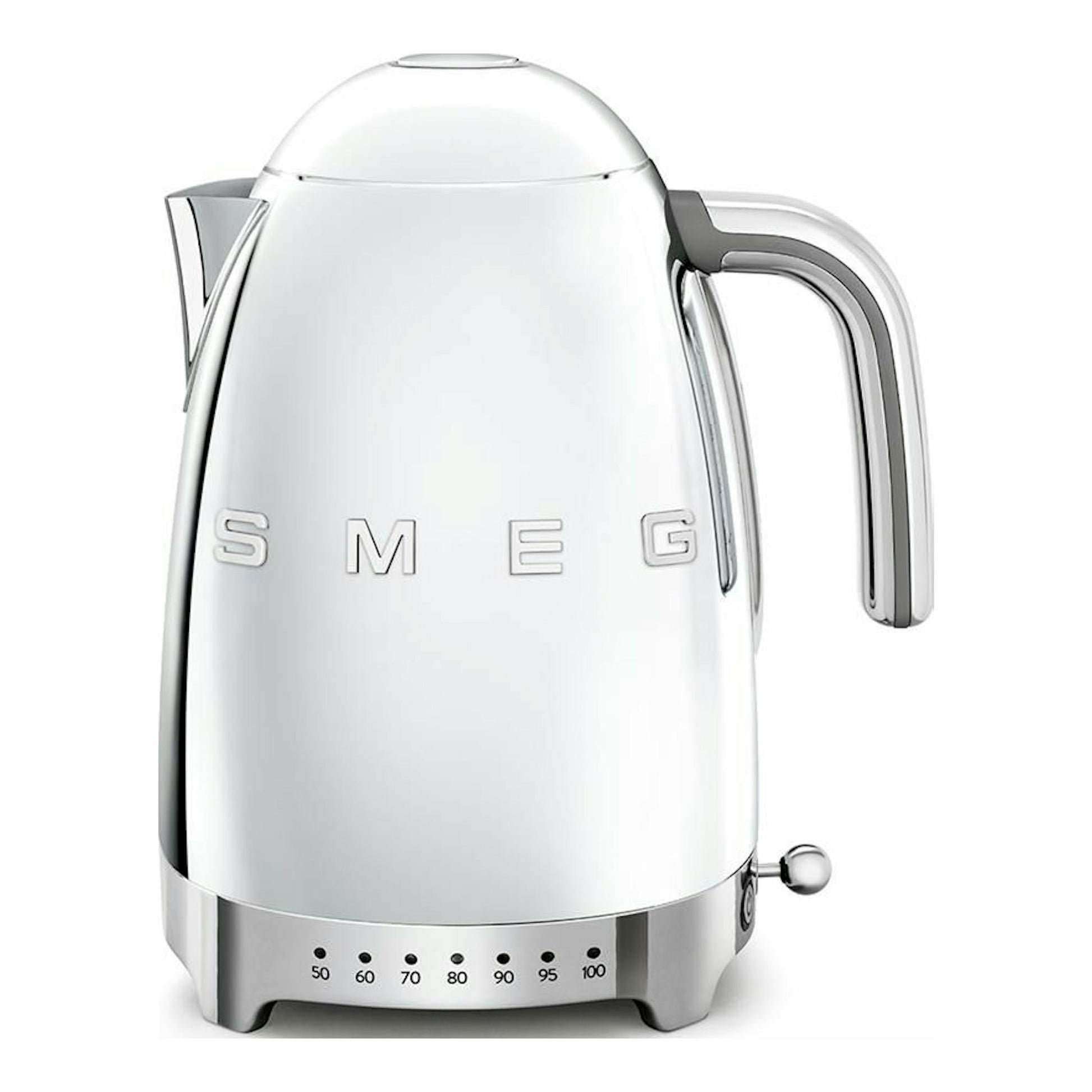 Hervidor Smeg KLF04SSEU cromo, vista frontal, con asa lateral y base con selector de temperatura.