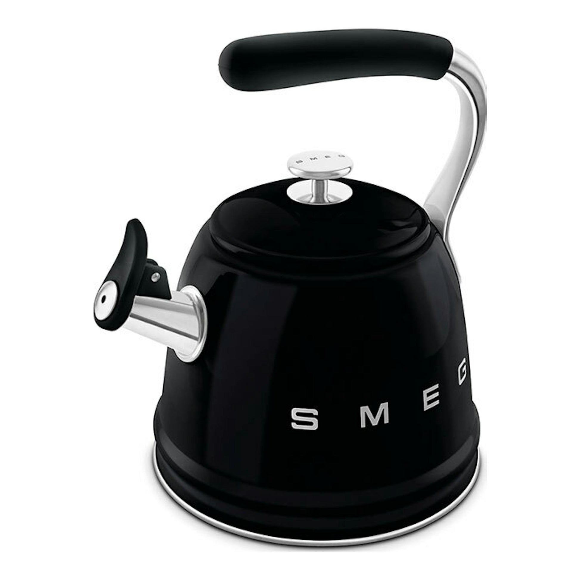 Hervidor silbante Smeg WKF01BL negro, vista lateral, con asa y pico cromados.