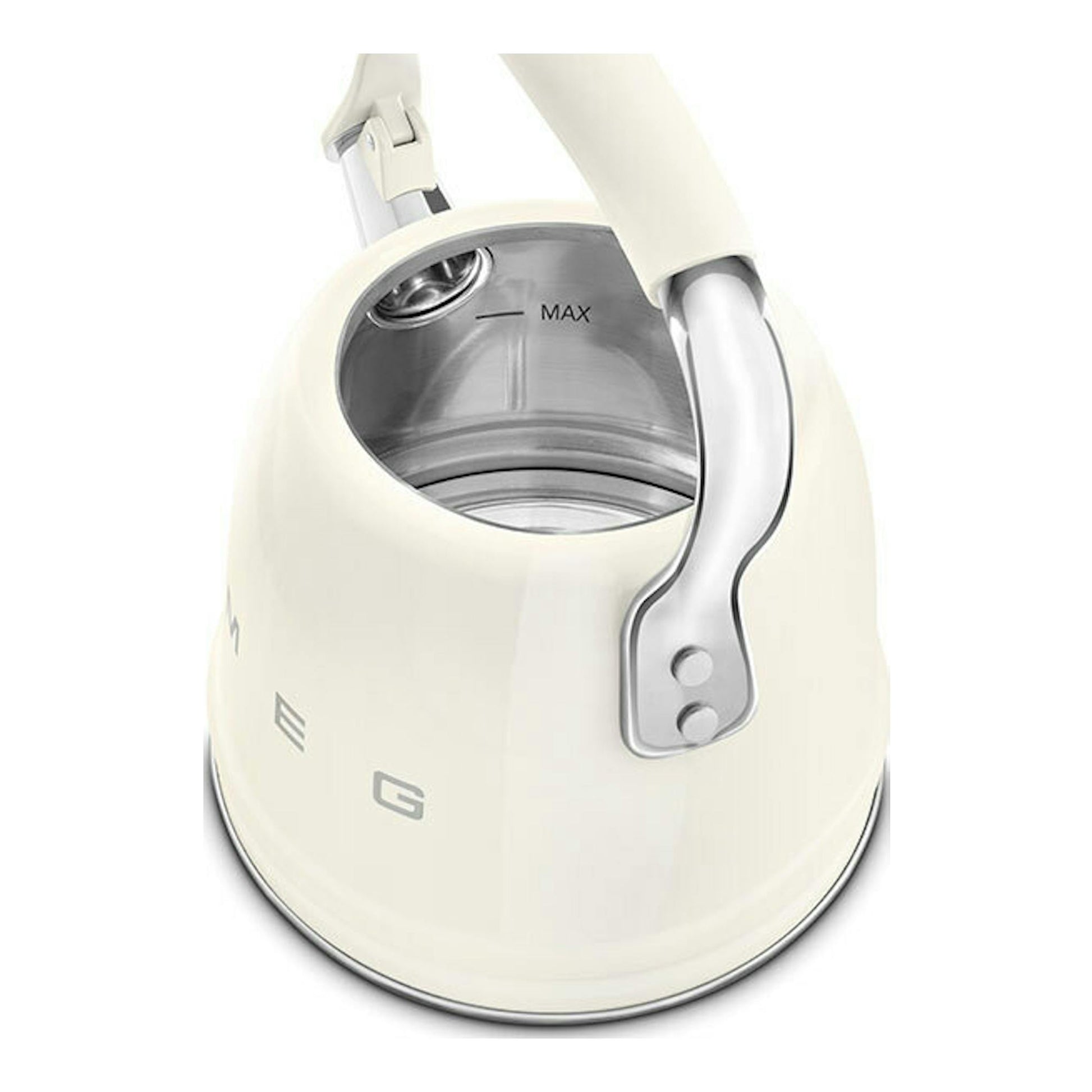 Hervidor silbante Smeg WKF01CR crema, vista superior en ángulo, con tapa abierta.