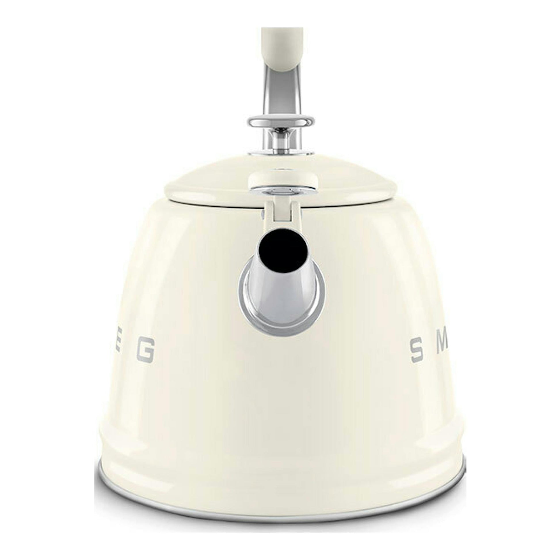Hervidor silbante Smeg WKF01CR crema, vista frontal, con tapa y boquilla cromadas.