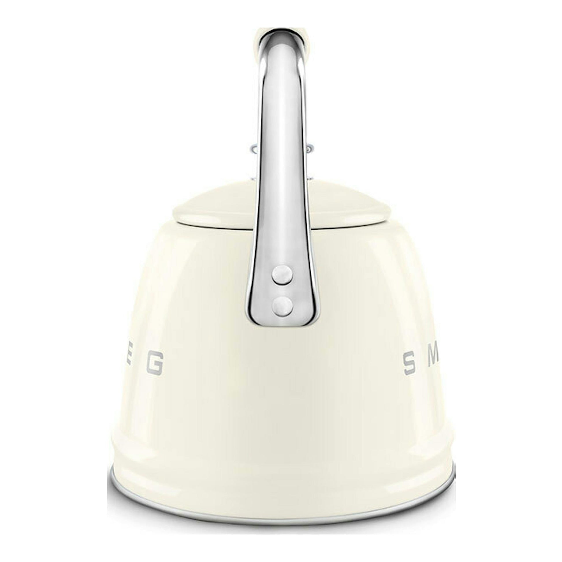 Hervidor silbante Smeg WKF01CR crema, vista frontal, cuerpo beige crema con asa y tapa cromadas.