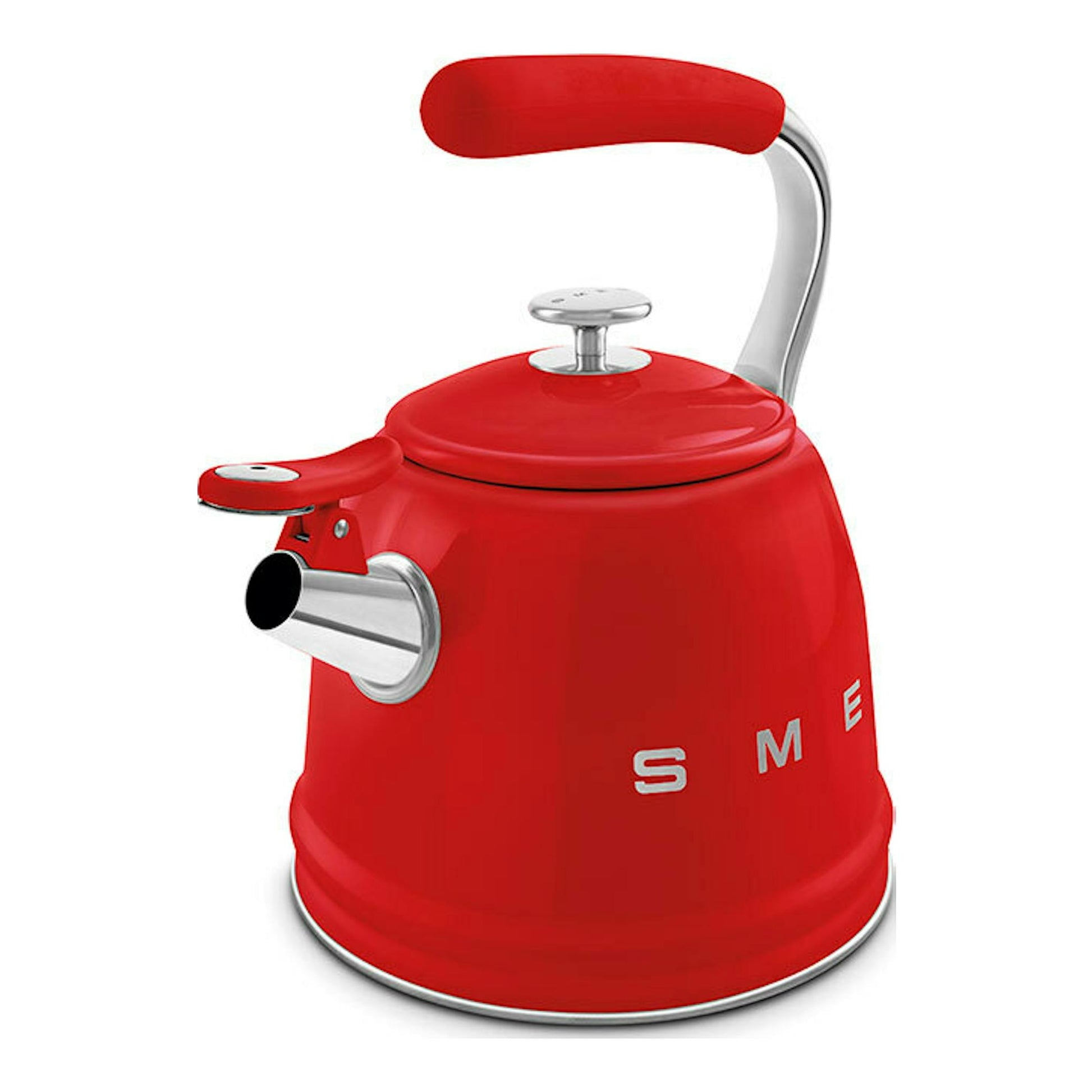 Hervidor silbante Smeg WKF01RD rojo, vista frontal en ángulo, con asa y pico metálicos.