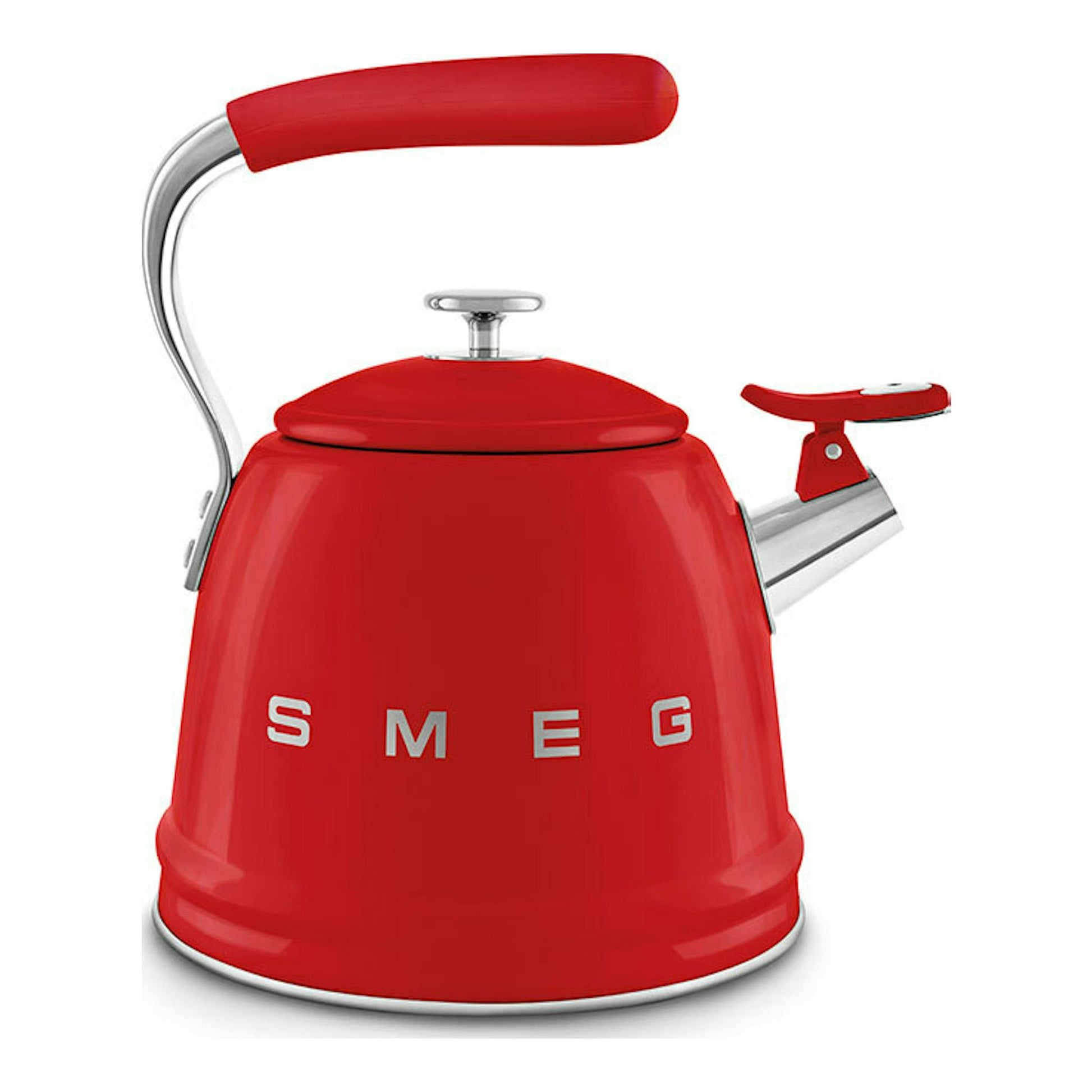 Hervidor silbante Smeg WKF01RD rojo, vista frontal, con asa y tapa cromadas.