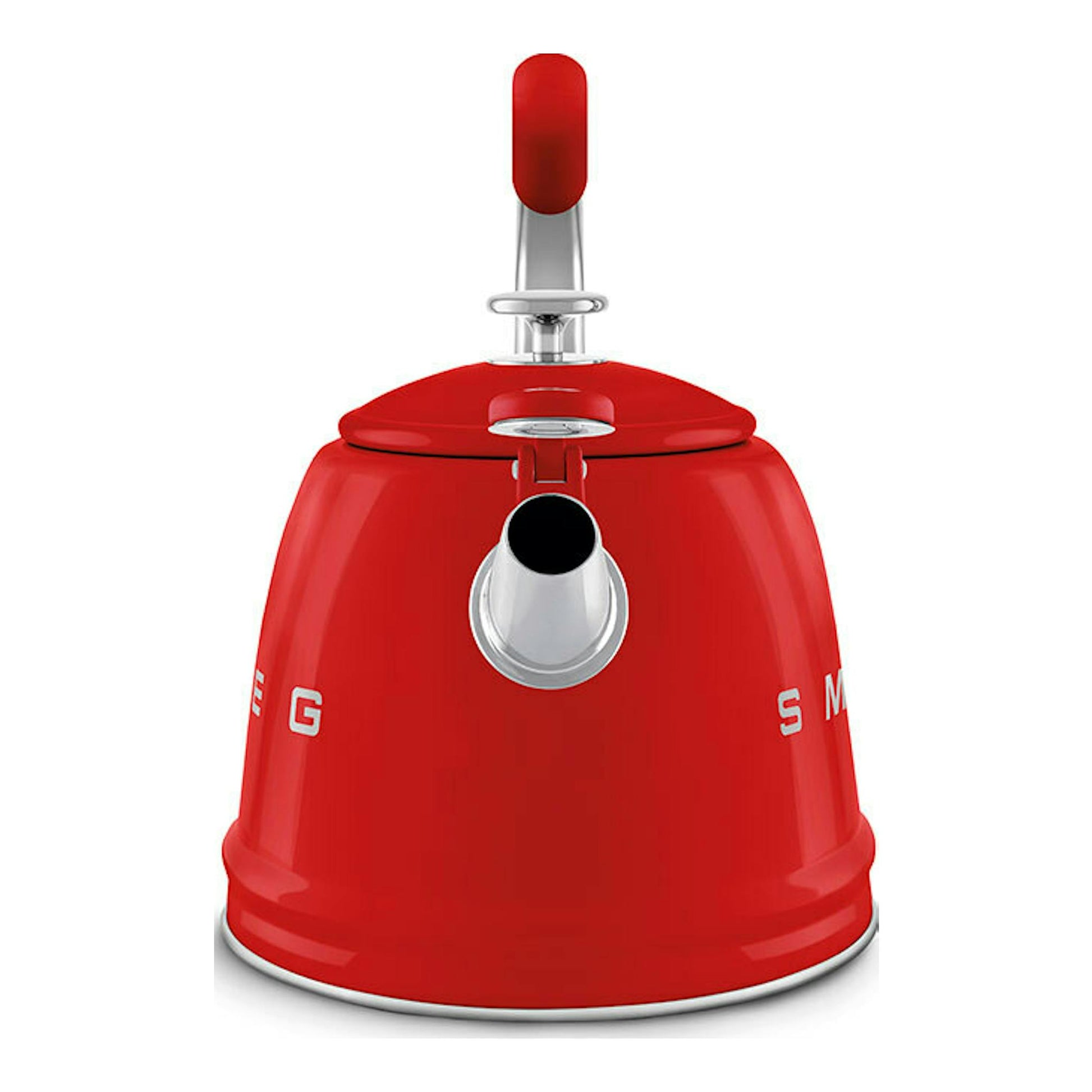 Hervidor silbante Smeg WKF01RD rojo, vista frontal, con tapa y pico metálico.