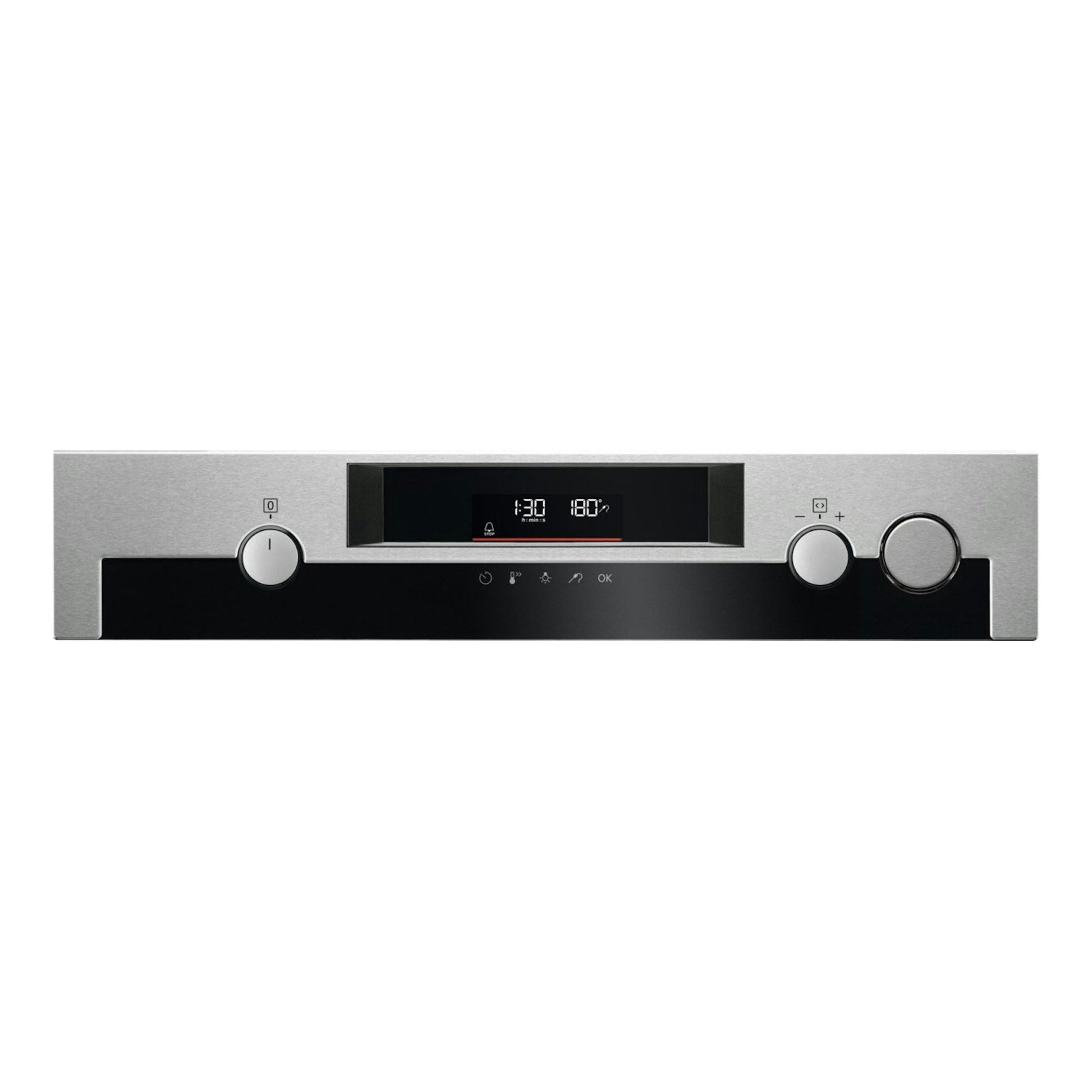 Horno AEG BPE577161M en acero inoxidable, vista frontal del panel con display digital y dos mandos.